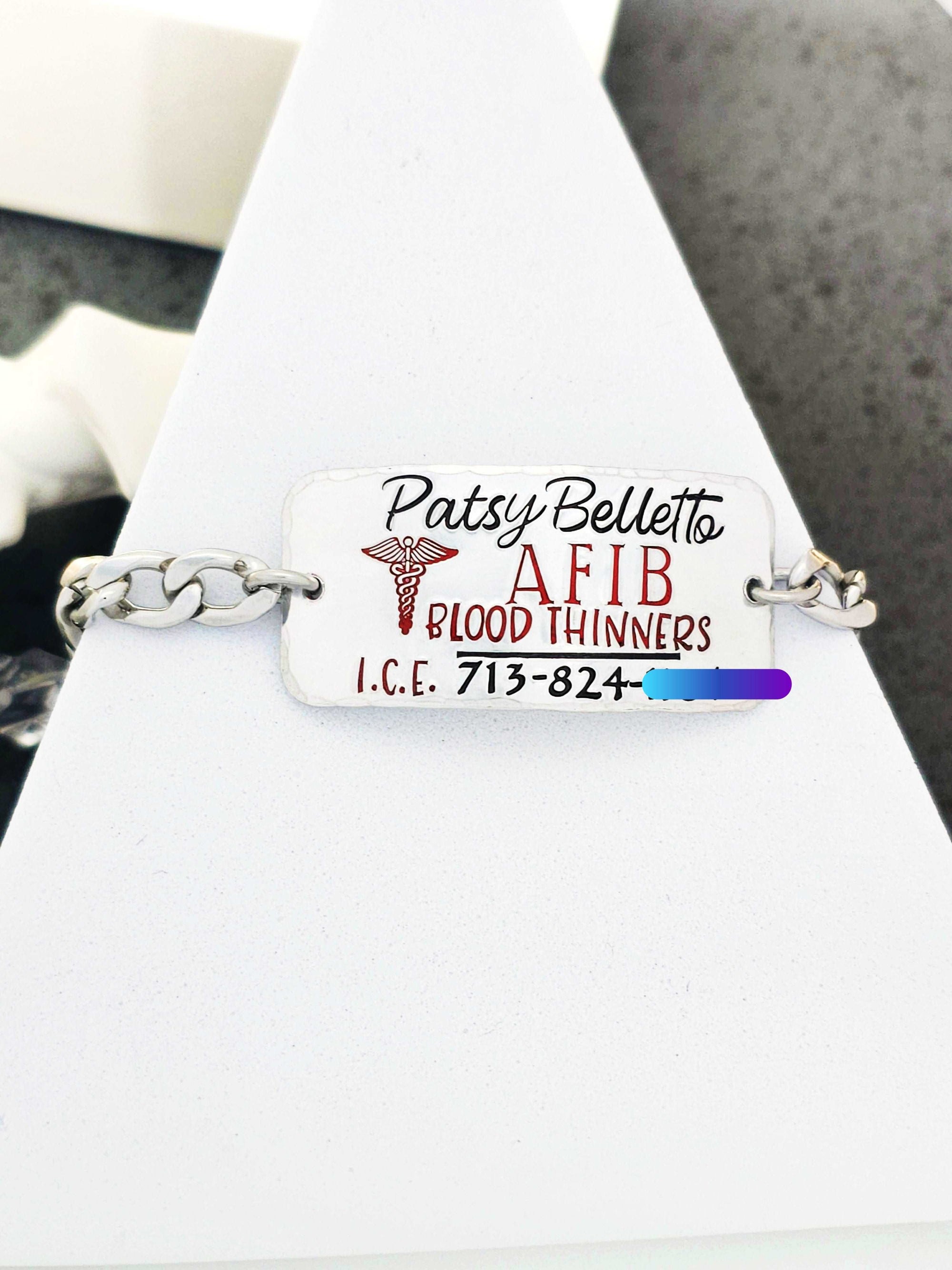 AFIB Alert, Blood Thinners, Medical Cuff Bracelet, Medical Alert ID, Medical Alert Bracelet, ICE Bracelet, Emergency Jewelry