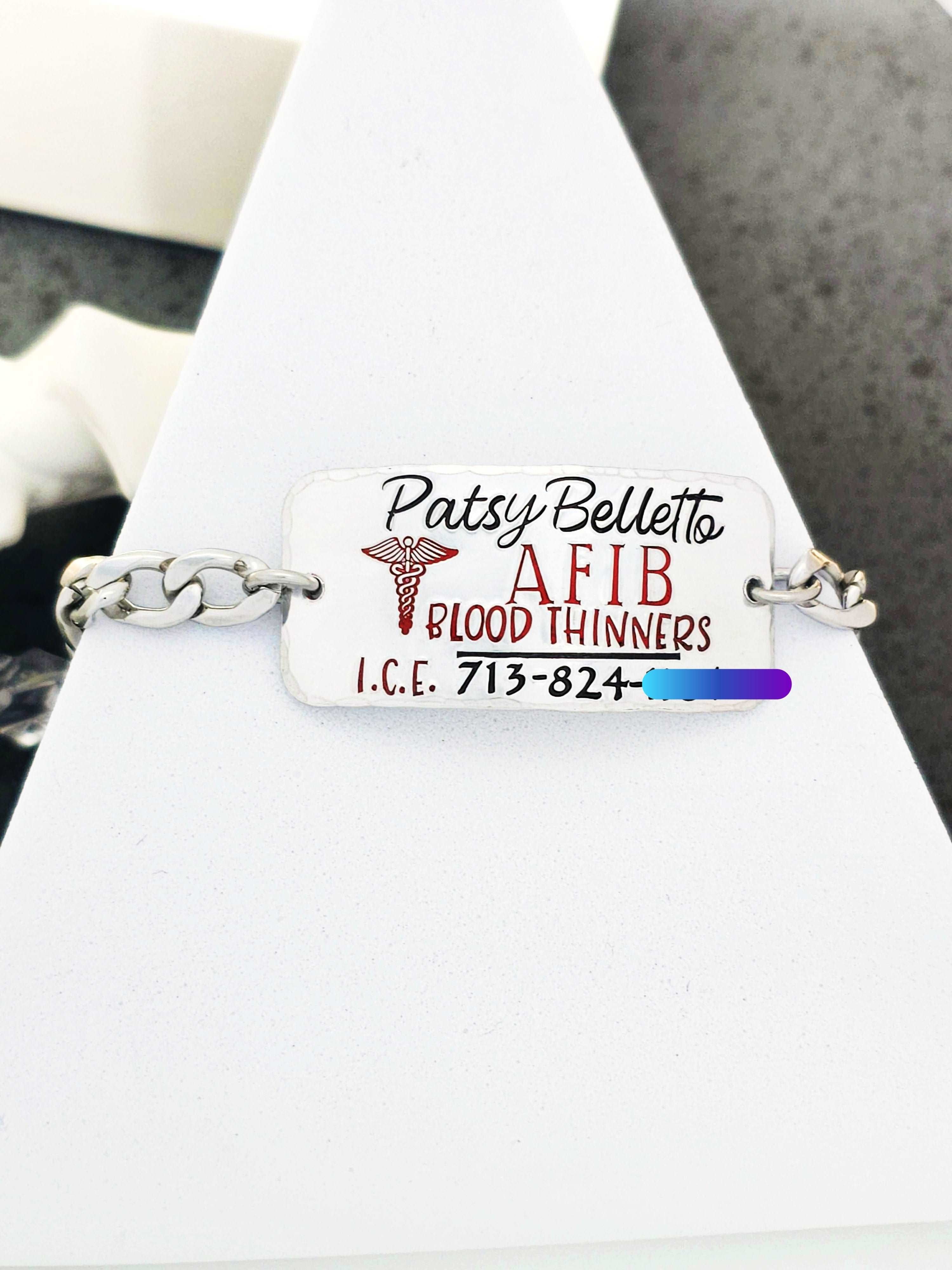AFIB Alert, Blood Thinners, Medical Cuff Bracelet, Medical Alert ID, Medical Alert Bracelet, ICE Bracelet, Emergency Jewelry