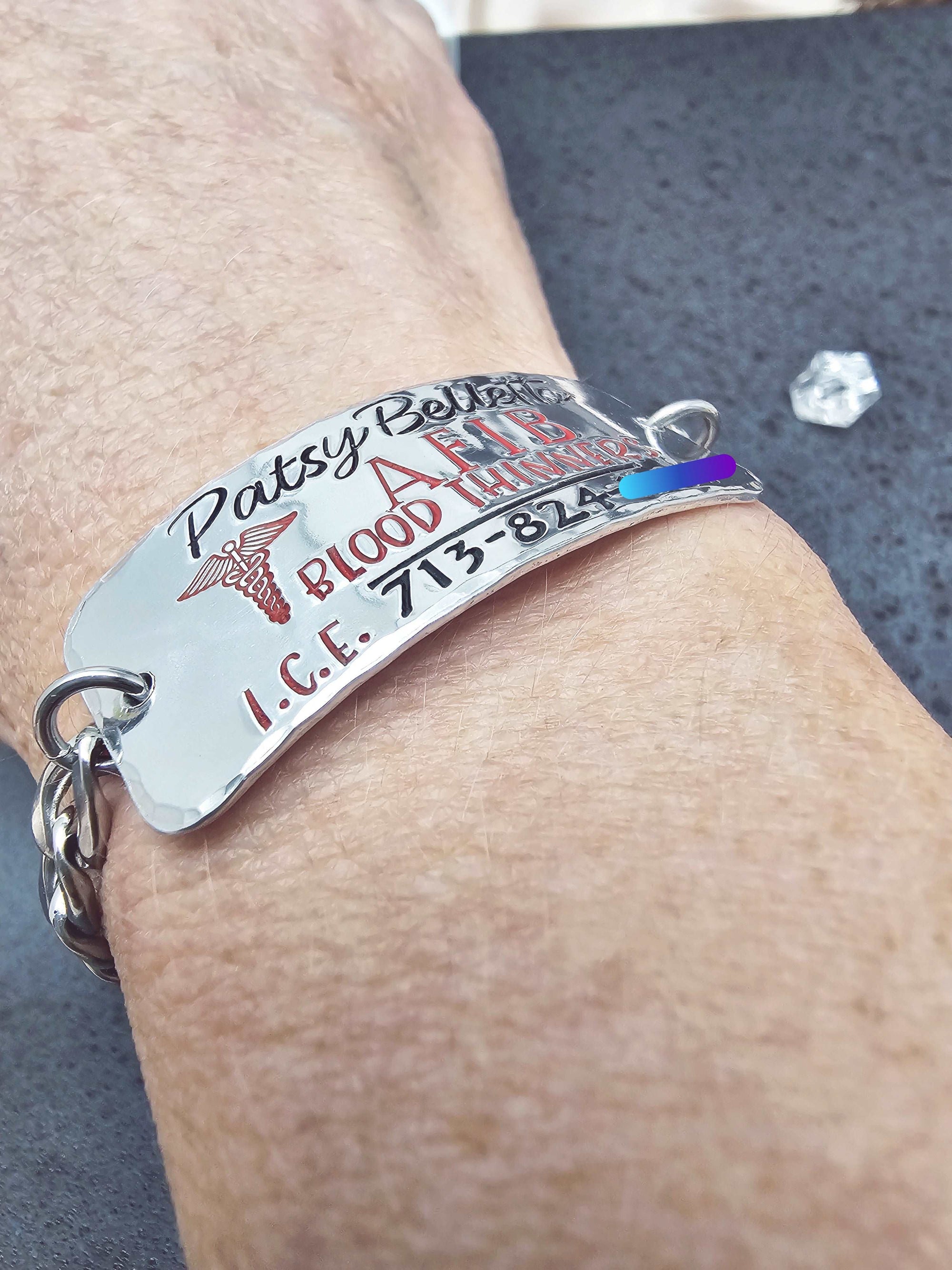 AFIB Alert, Blood Thinners, Medical Cuff Bracelet, Medical Alert ID, Medical Alert Bracelet, ICE Bracelet, Emergency Jewelry