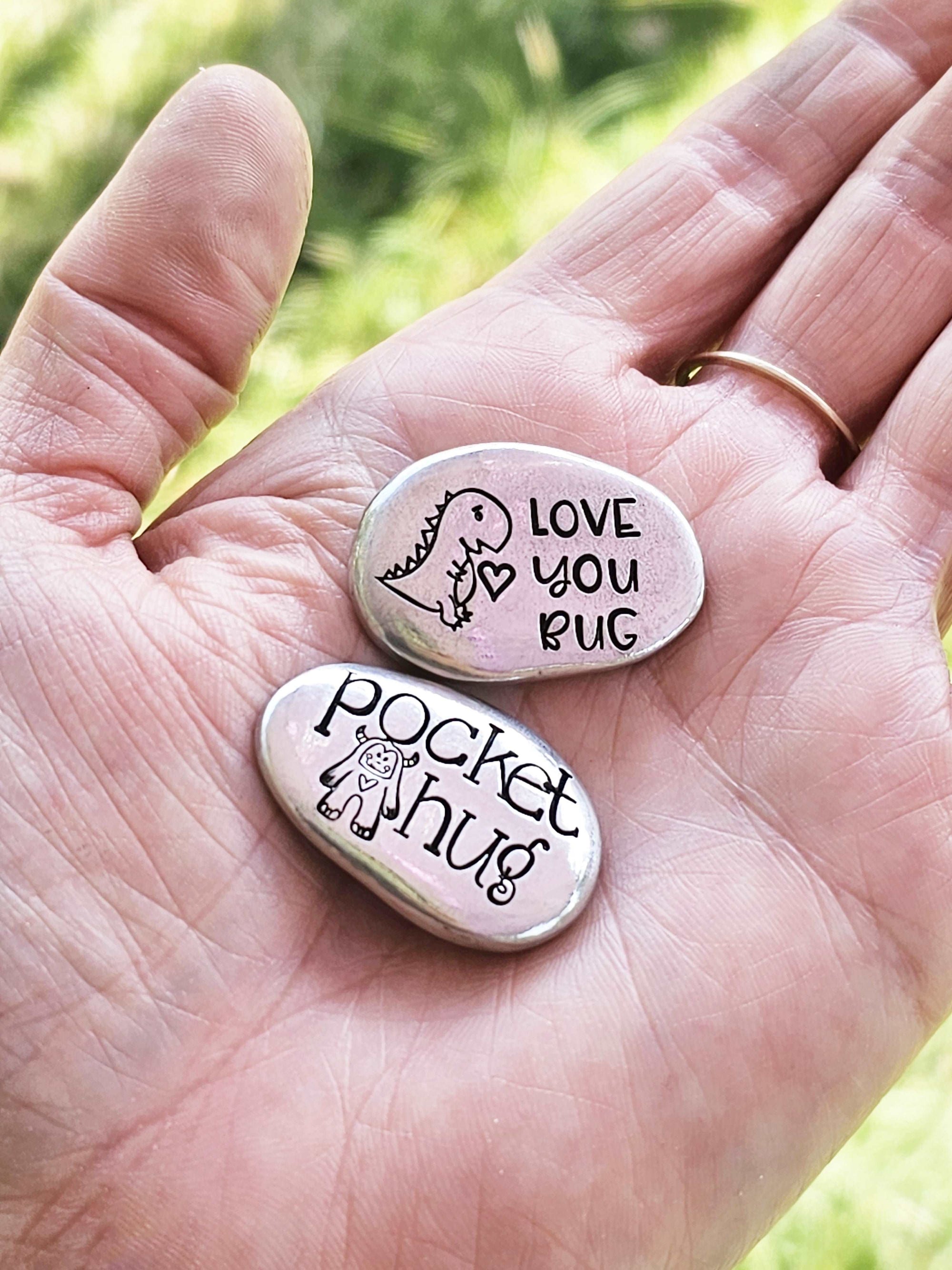 Breast Cancer Pocket Hug, Custom Stone, Pocket Pebbles, Chemo Token, Hand Stamped Worry Stone, Pewter Pocket Pebble, Strength Stone, Affirmations Token