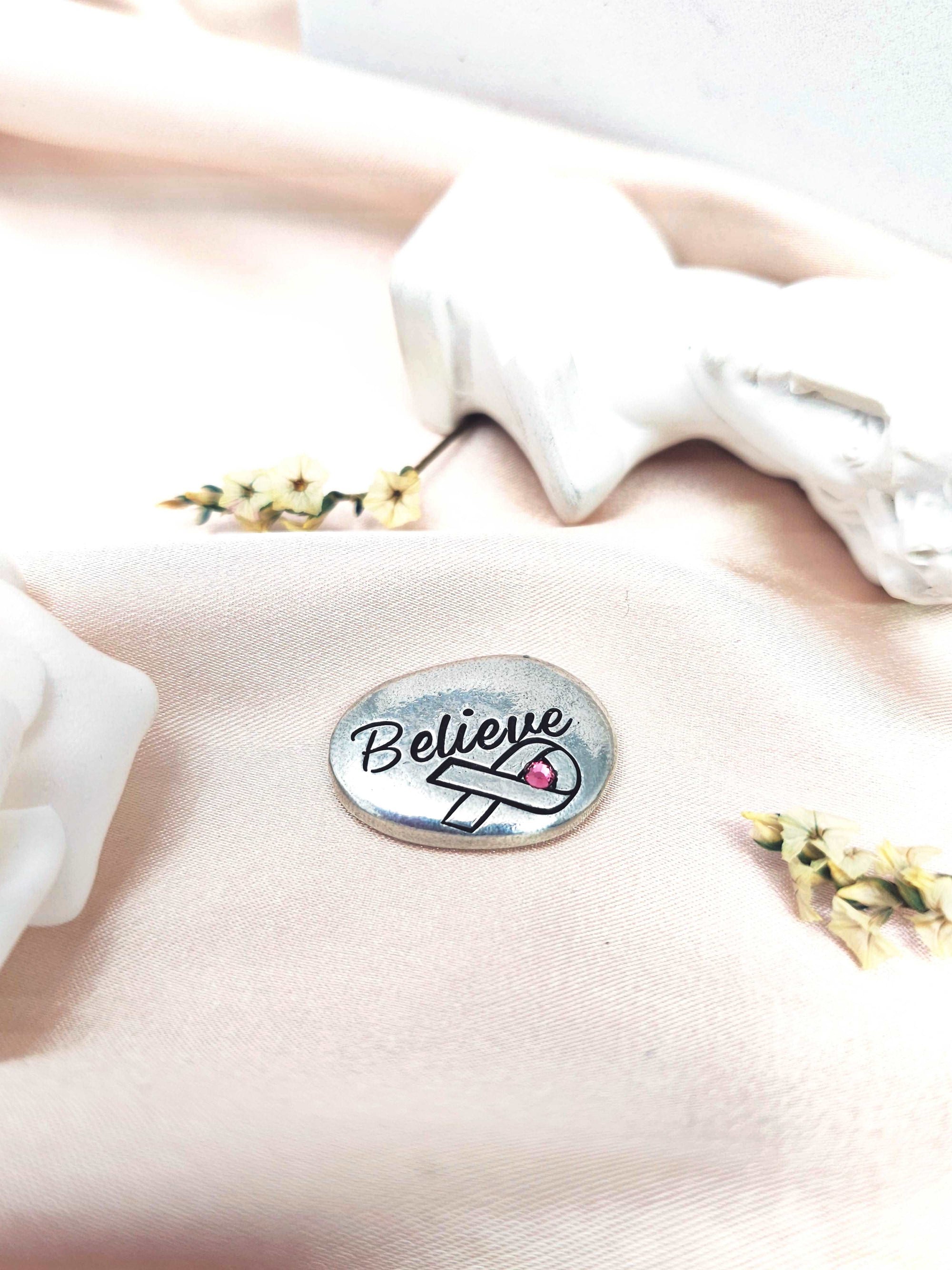 Breast Cancer Pocket Hug, Custom Stone, Pocket Pebbles, Chemo Token, Hand Stamped Worry Stone, Pewter Pocket Pebble, Strength Stone, Affirmations Token