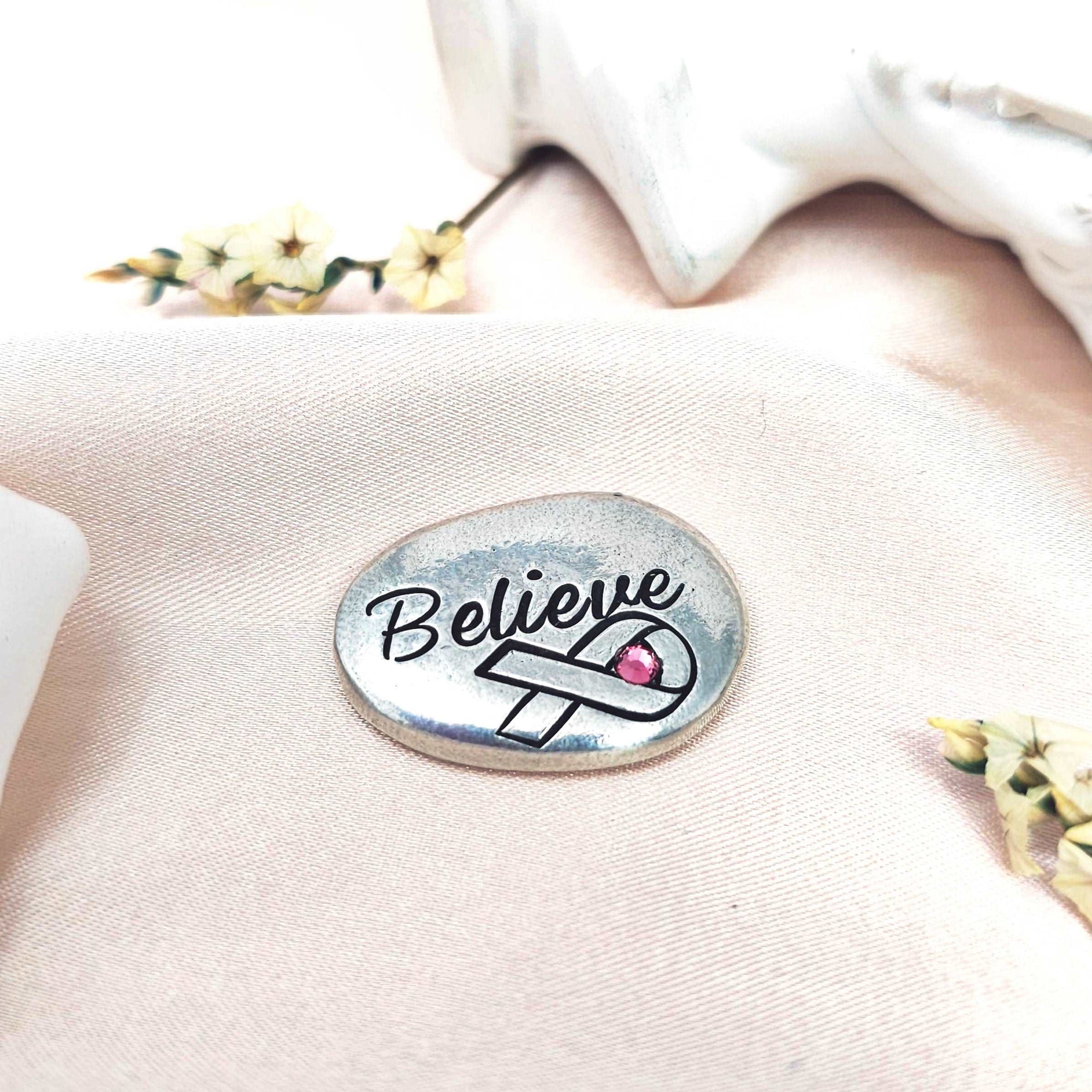 Breast Cancer Pocket Hug, Custom Stone, Pocket Pebbles, Chemo Token, Hand Stamped Worry Stone, Pewter Pocket Pebble, Strength Stone, Affirmations Token