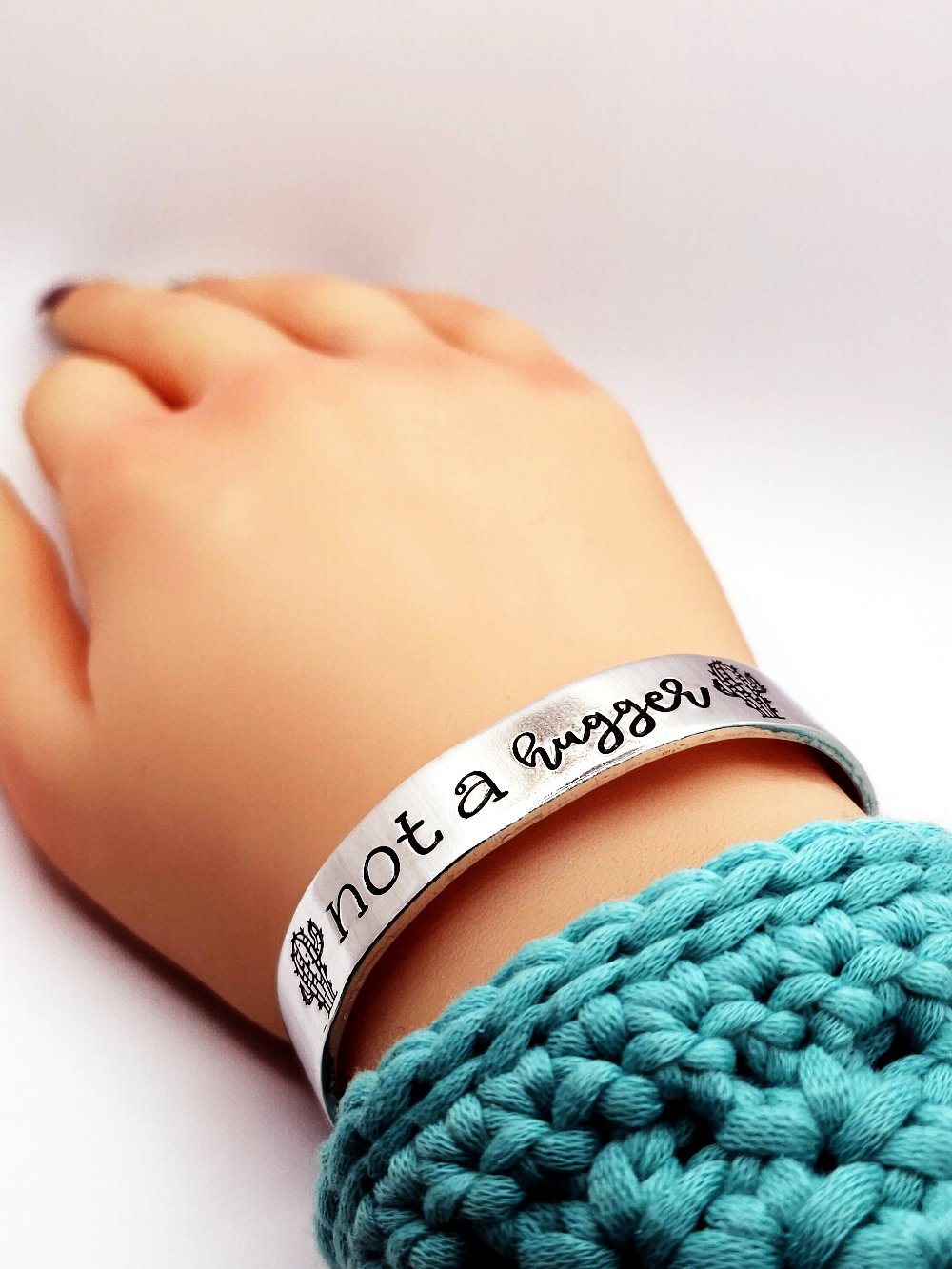 Not a Hugger Bracelet Cuff, Funny Gift, Neurodivergent Bracelet, Cactus Hand Stamped Bracelet, Hypoallergenic Jewelry, Prickly Bracelet