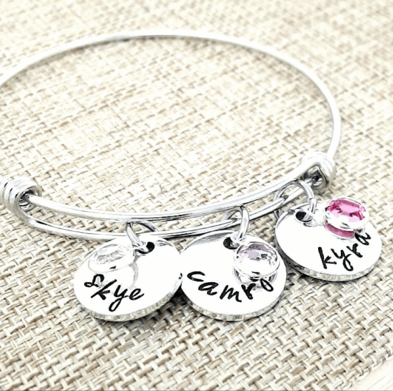 Custom Hand Stamped Mother's Bracelet, Grandmother's Bracelet, Birthstone Bracelet, Bangle Bracelet