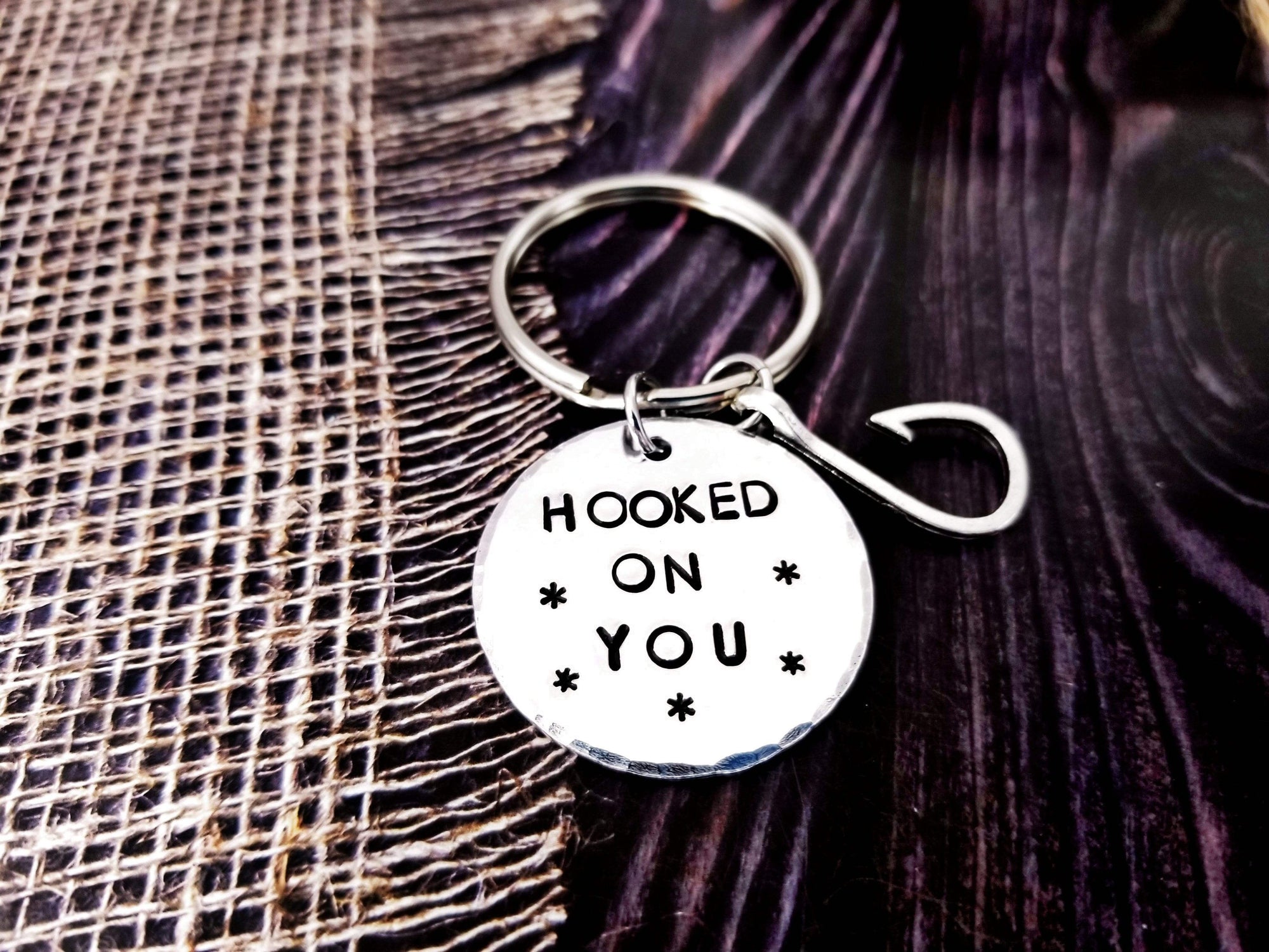 Hooked on You, Fisherman Gift, Husband Gift, Boyfriend Gift, Keychain Gift, Handstamped Men's Gift