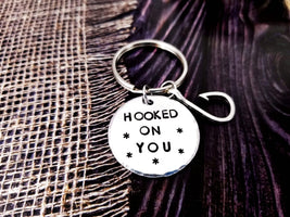 Hooked on You, Fisherman Gift, Husband Gift, Boyfriend Gift, Keychain Gift, Handstamped Men's Gift