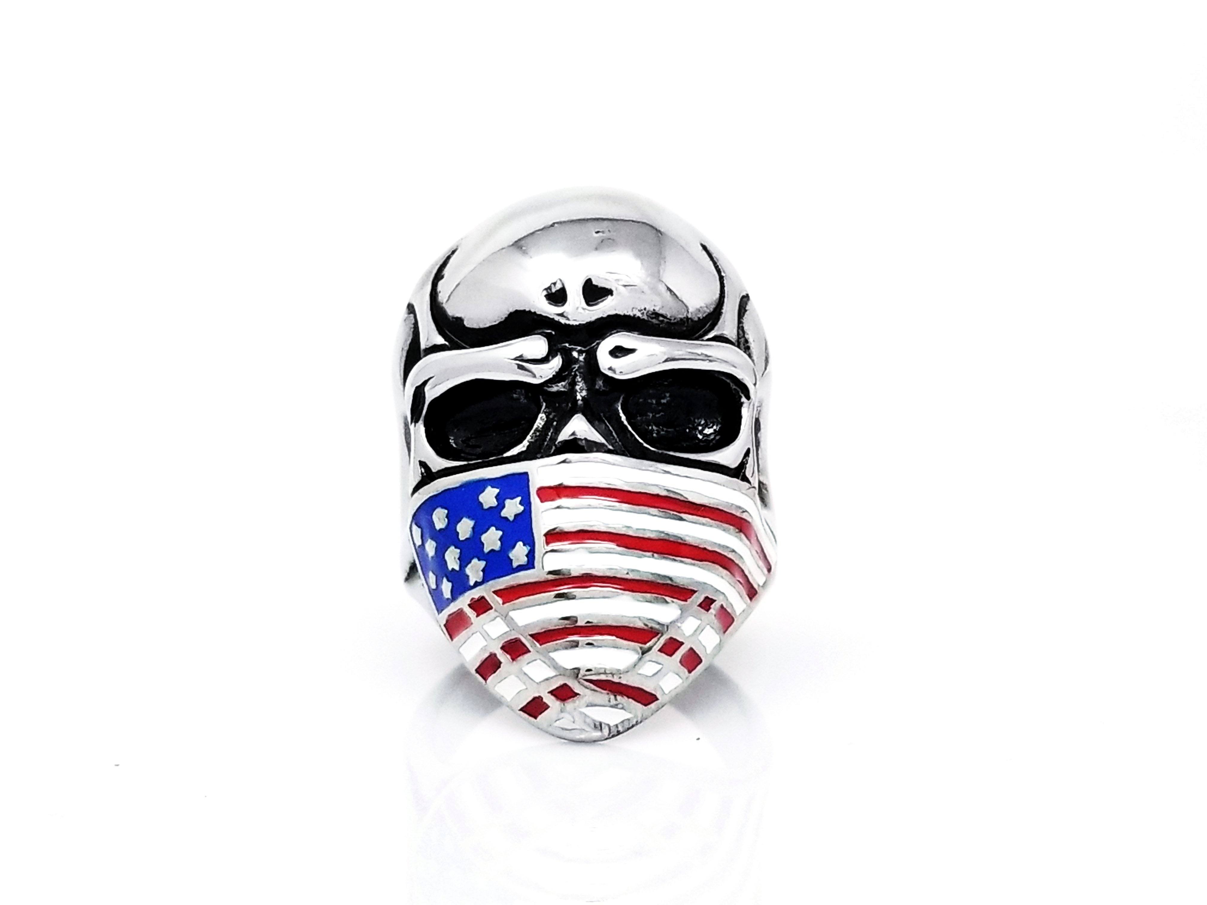Skull Ring with American Flag, Biker Ring, Patriotic Skull Ring, Stainless Skull Ring
