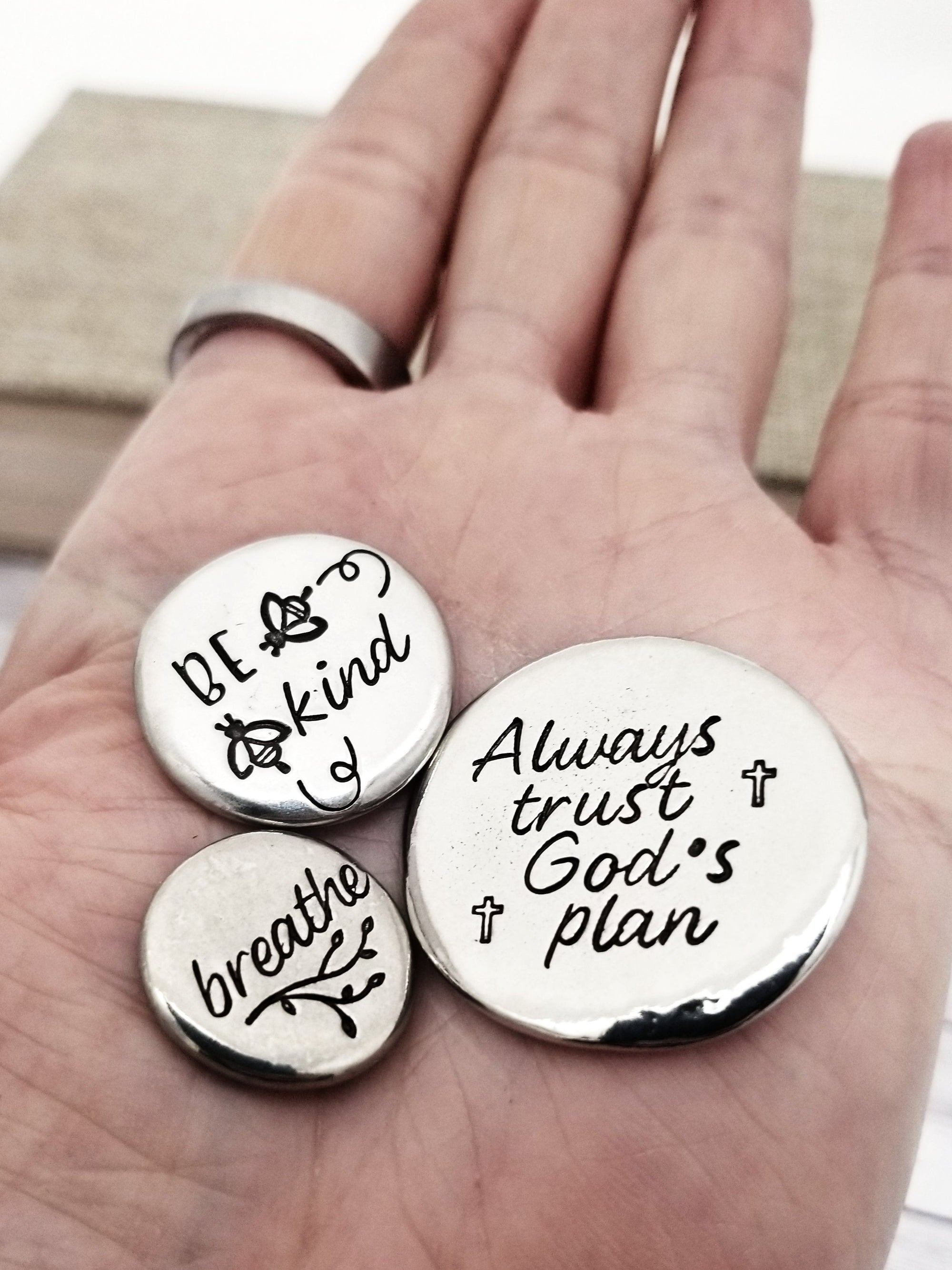 Pocket Pebbles, Manifestation Reminder, Love Token, Hand Stamped Worry Stone, Pewter Pocket Pebble, Strength Stone, Affirmations Token