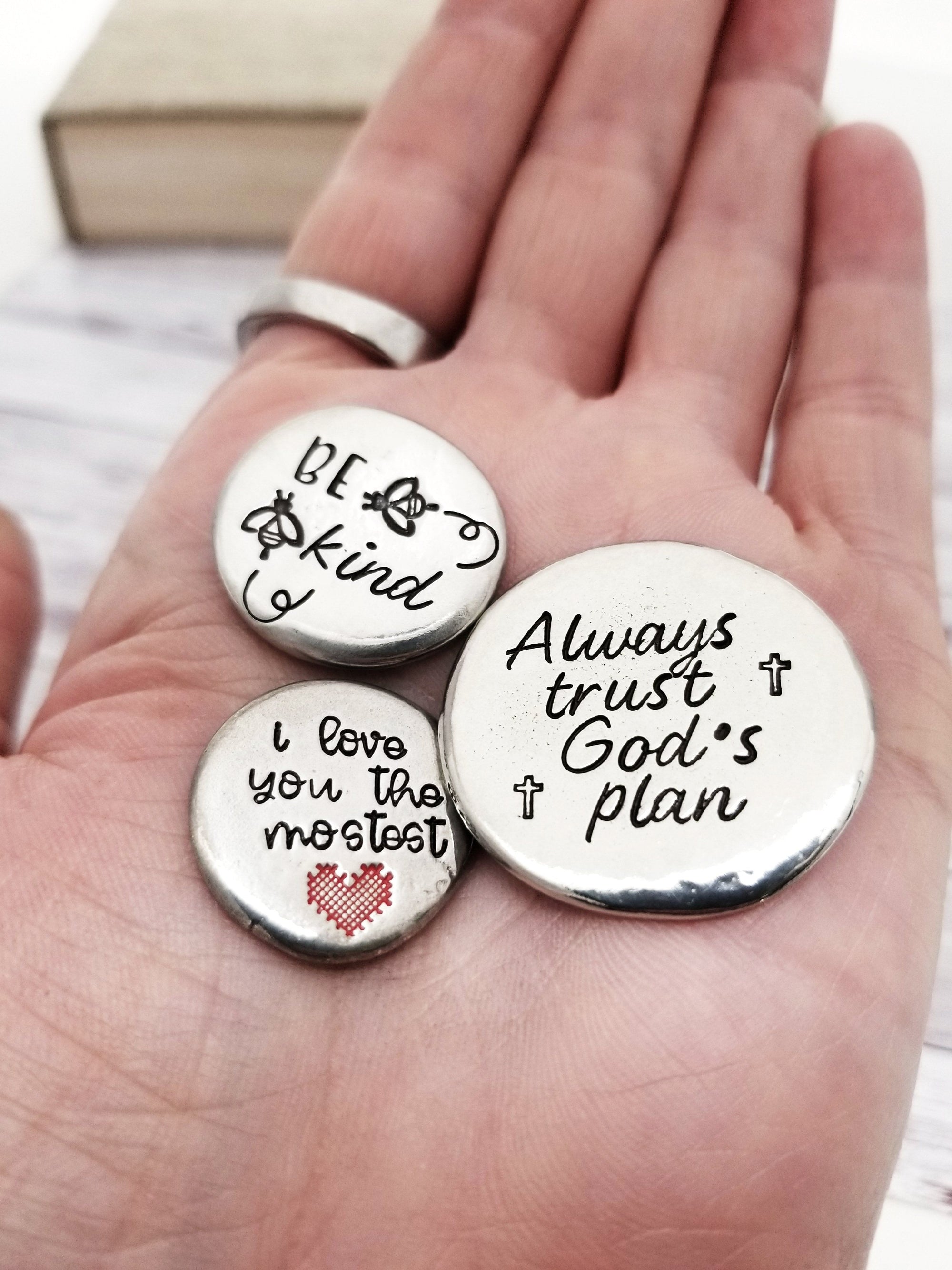 Pocket Pebbles, Manifestation Reminder, Love Token, Hand Stamped Worry Stone, Pewter Pocket Pebble, Strength Stone, Affirmations Token