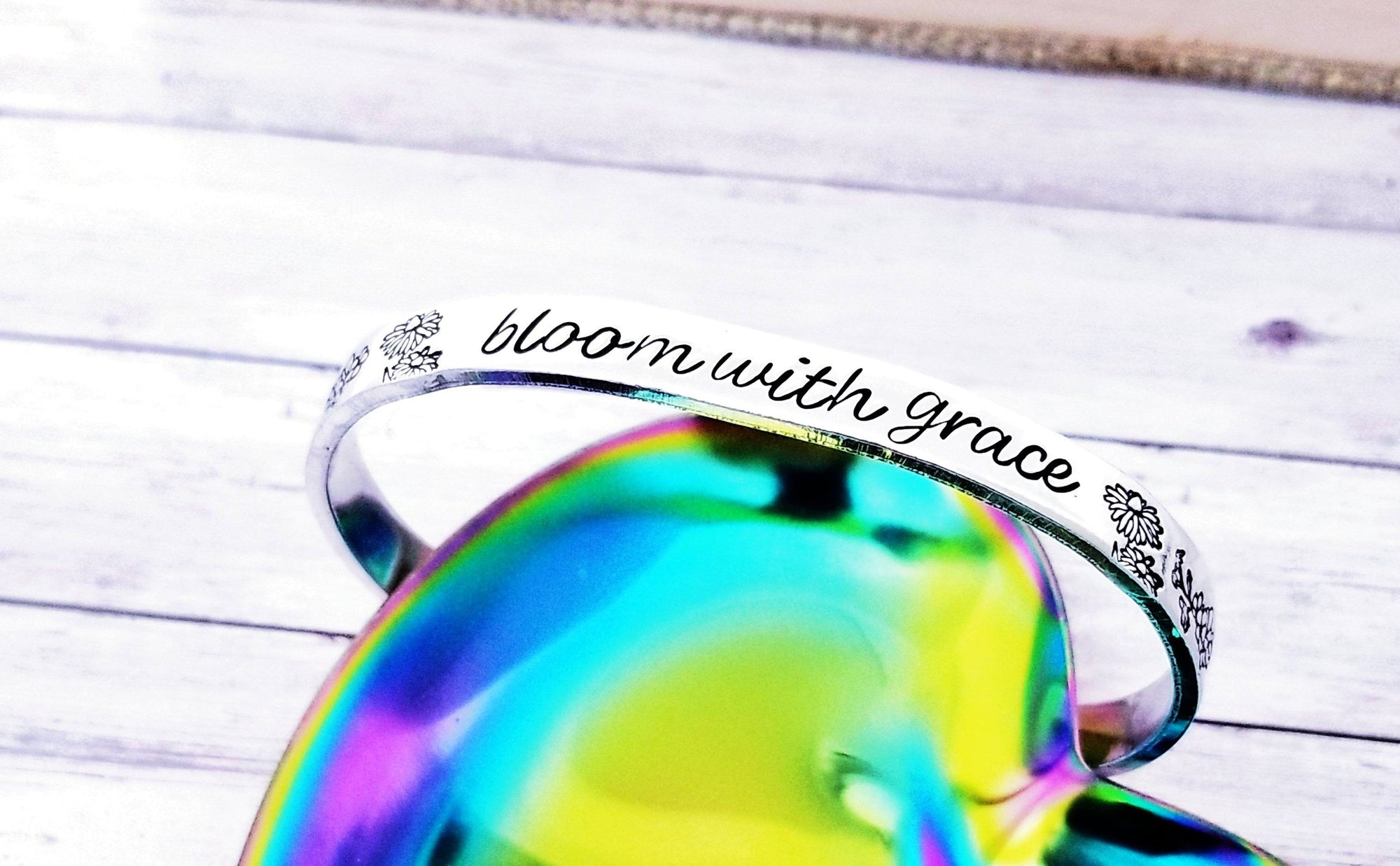 Bloom with Grace Inspirational bracelet, Hammered Silver Bracelet, Custom Cuff Bracelet, Silver Cuff Bracelet, I Am Enough Bracelet Cuff, Custom Gift