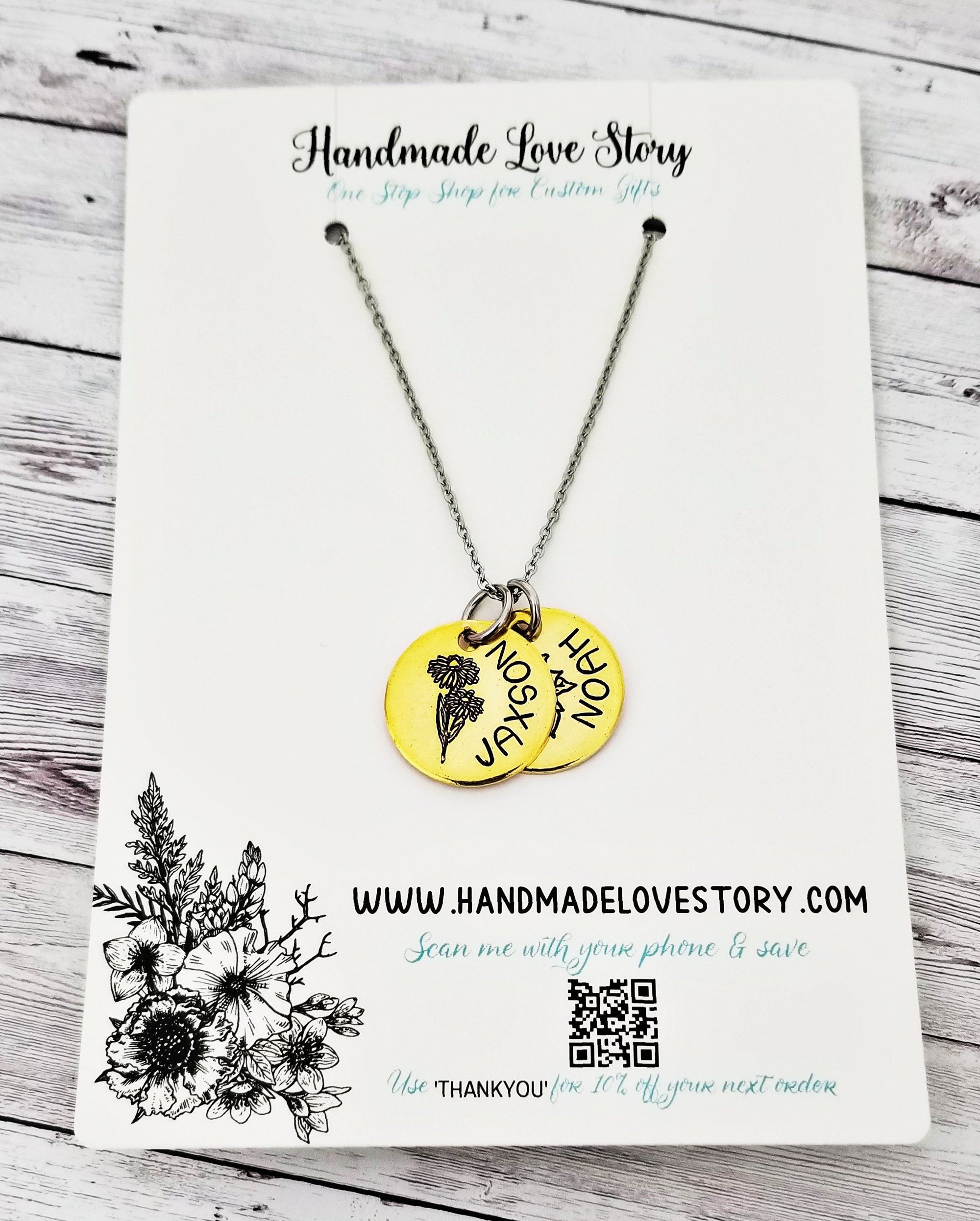 NuGold Mother's Necklace, Flower Birth Month Necklace, Floral Name Necklace, Kids Names, Red Brass necklace