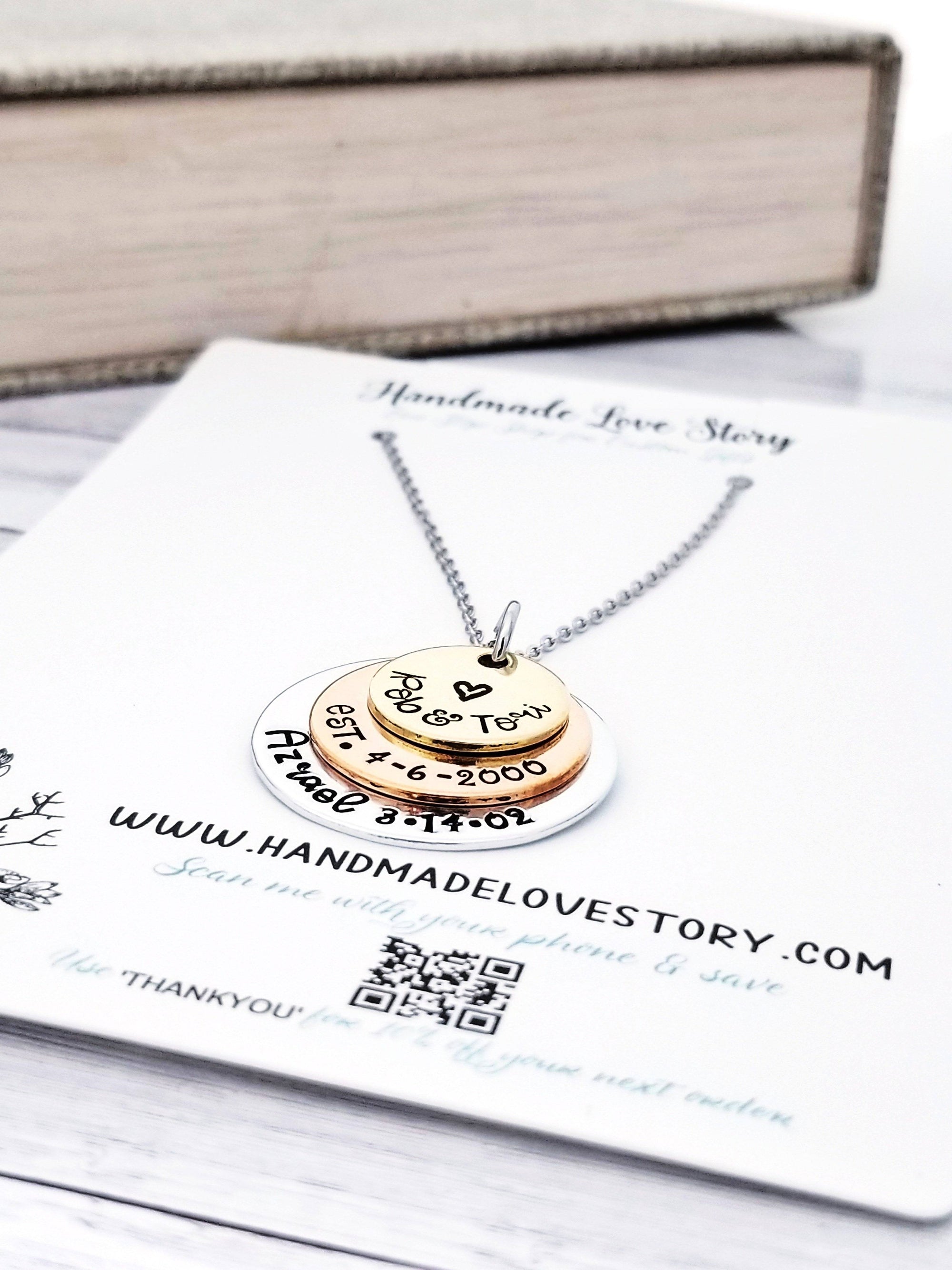 Tri Color Stacking Necklace, Family Necklace, Family Jewelry, Mother's Necklace, Est Necklace, Anniversary Necklace, Copper and Brass