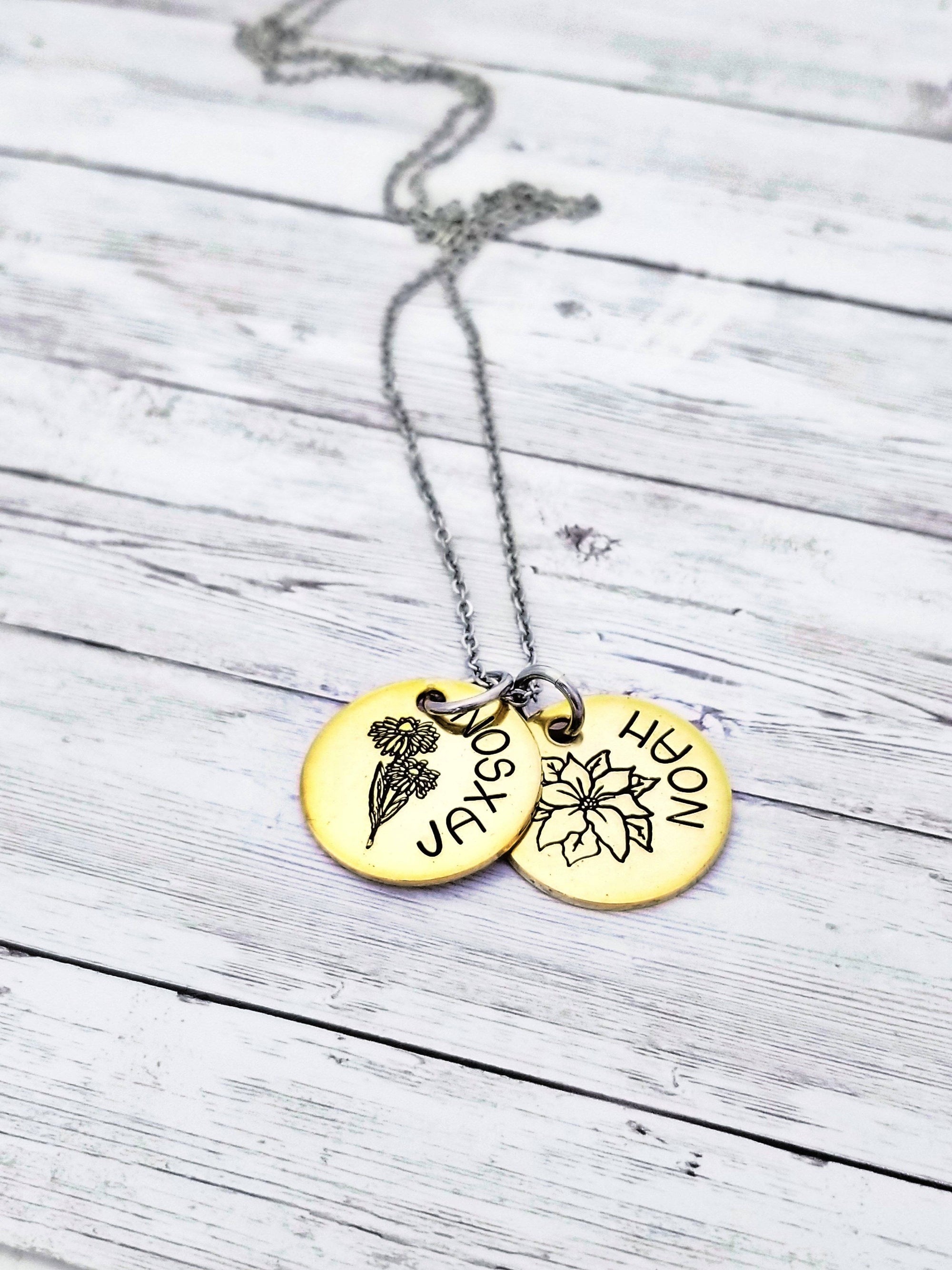 NuGold Mother's Necklace, Flower Birth Month Necklace, Floral Name Necklace, Kids Names, Red Brass necklace