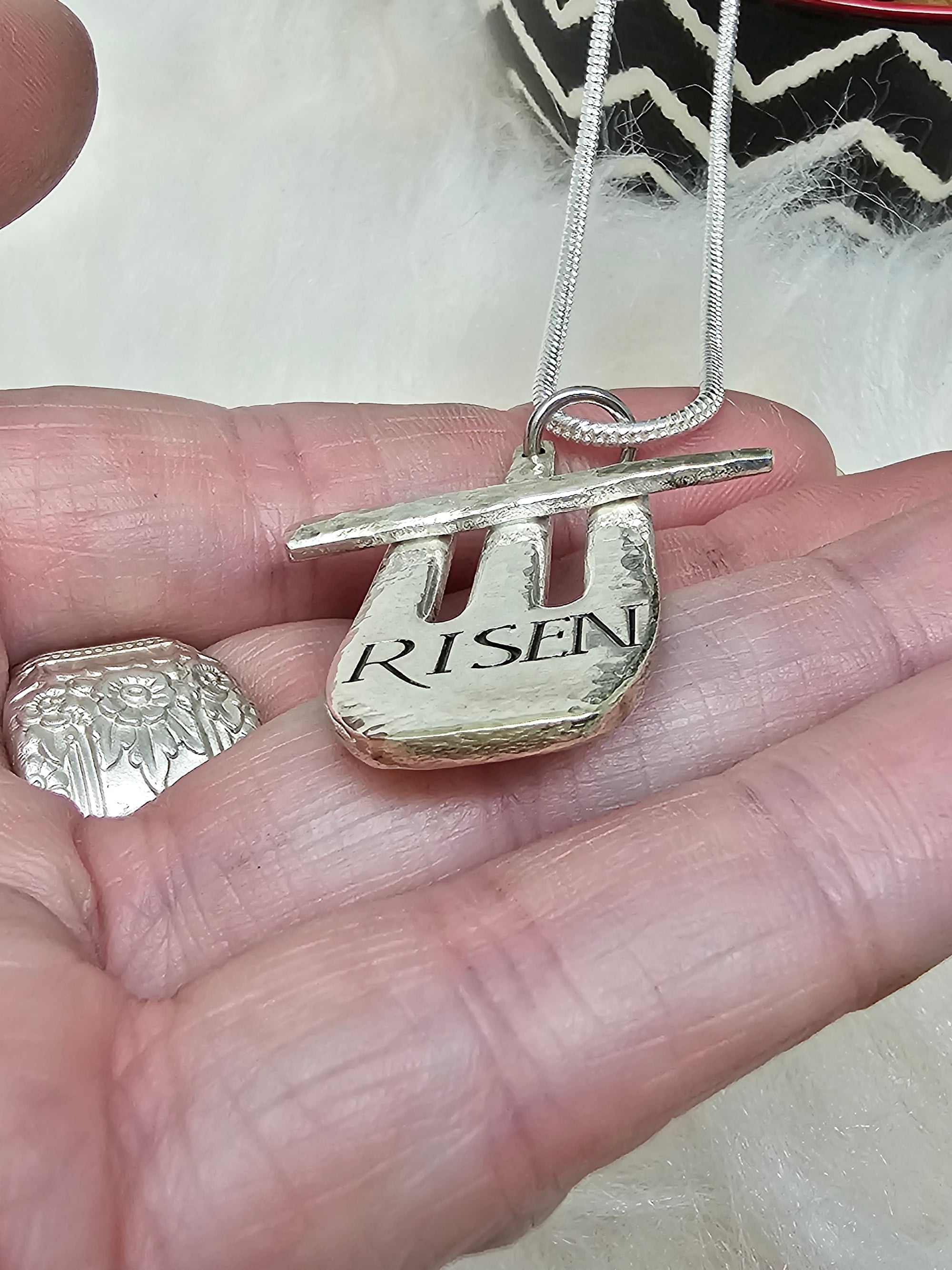 Vintage 1910 sterling silver plate upcycled, Risen Necklace, Three Cross Necklace