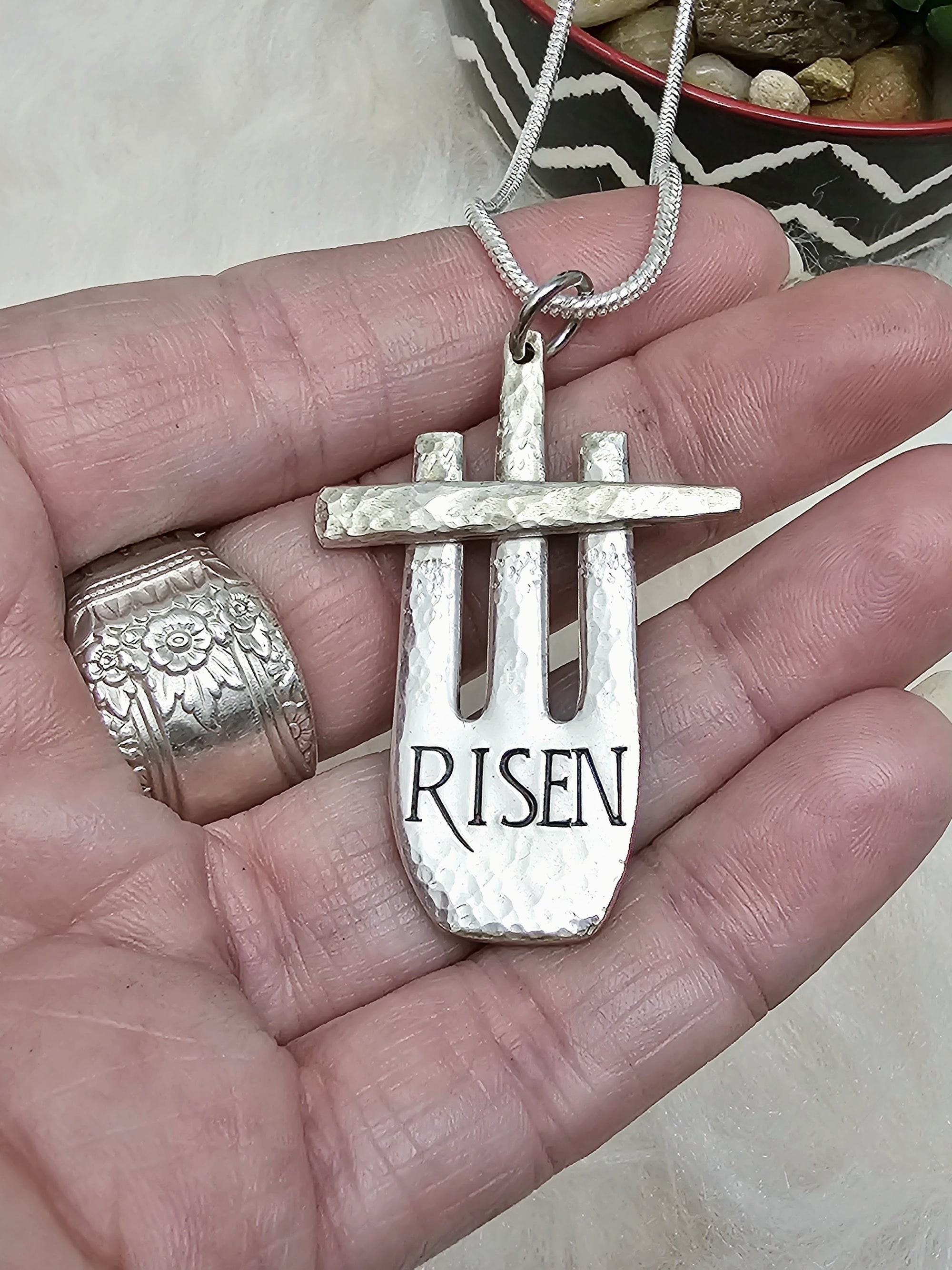 Vintage 1910 sterling silver plate upcycled, Risen Necklace, Three Cross Necklace