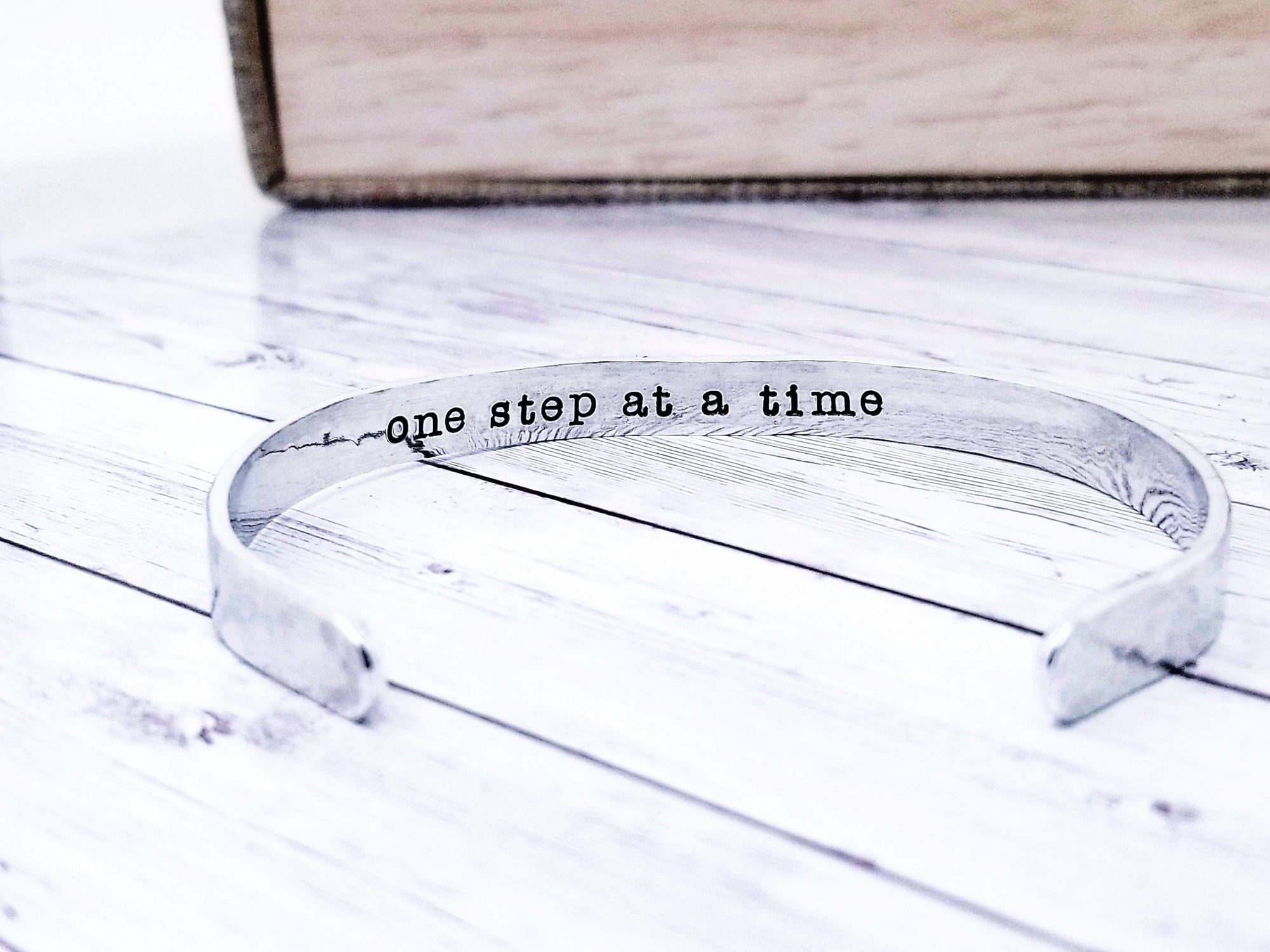 One Step at a Time, Recovery Gift, Secret Message Bracelet, Hammered Silver Bracelet, Custom Cuff Bracelet, Inspirational Bracelet Cuff