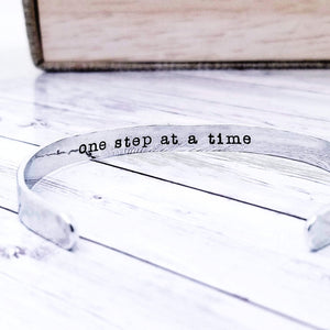 One Step at a Time, Recovery Gift, Secret Message Bracelet, Hammered Silver Bracelet, Custom Cuff Bracelet, Inspirational Bracelet Cuff