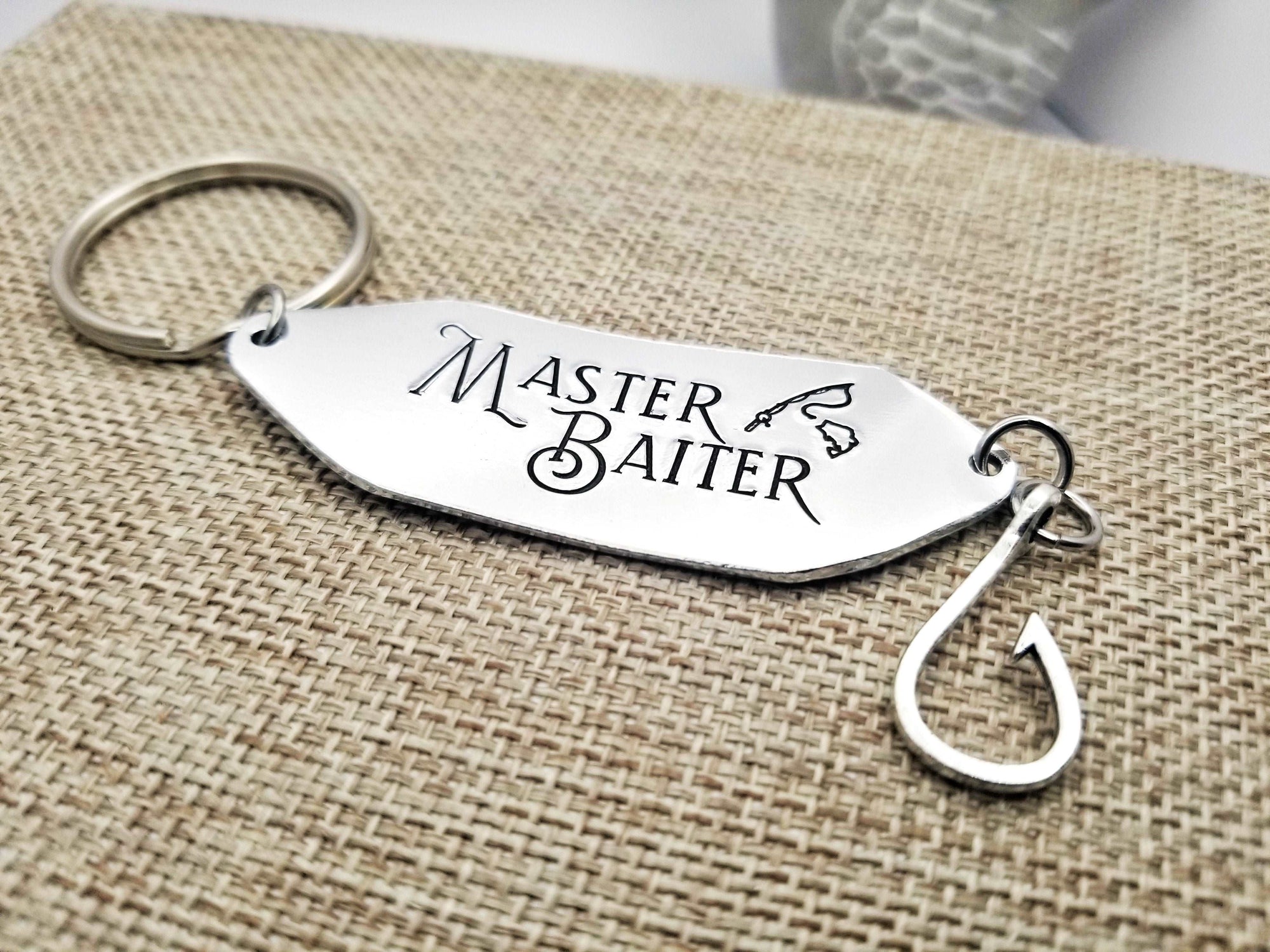 Master Baiter, Fisherman Gift, Fisherman Husband, Husband Gift, Dad Fishermen Gift, Hand stamped Men's Gift, Father's Day Gift, Gift for Him