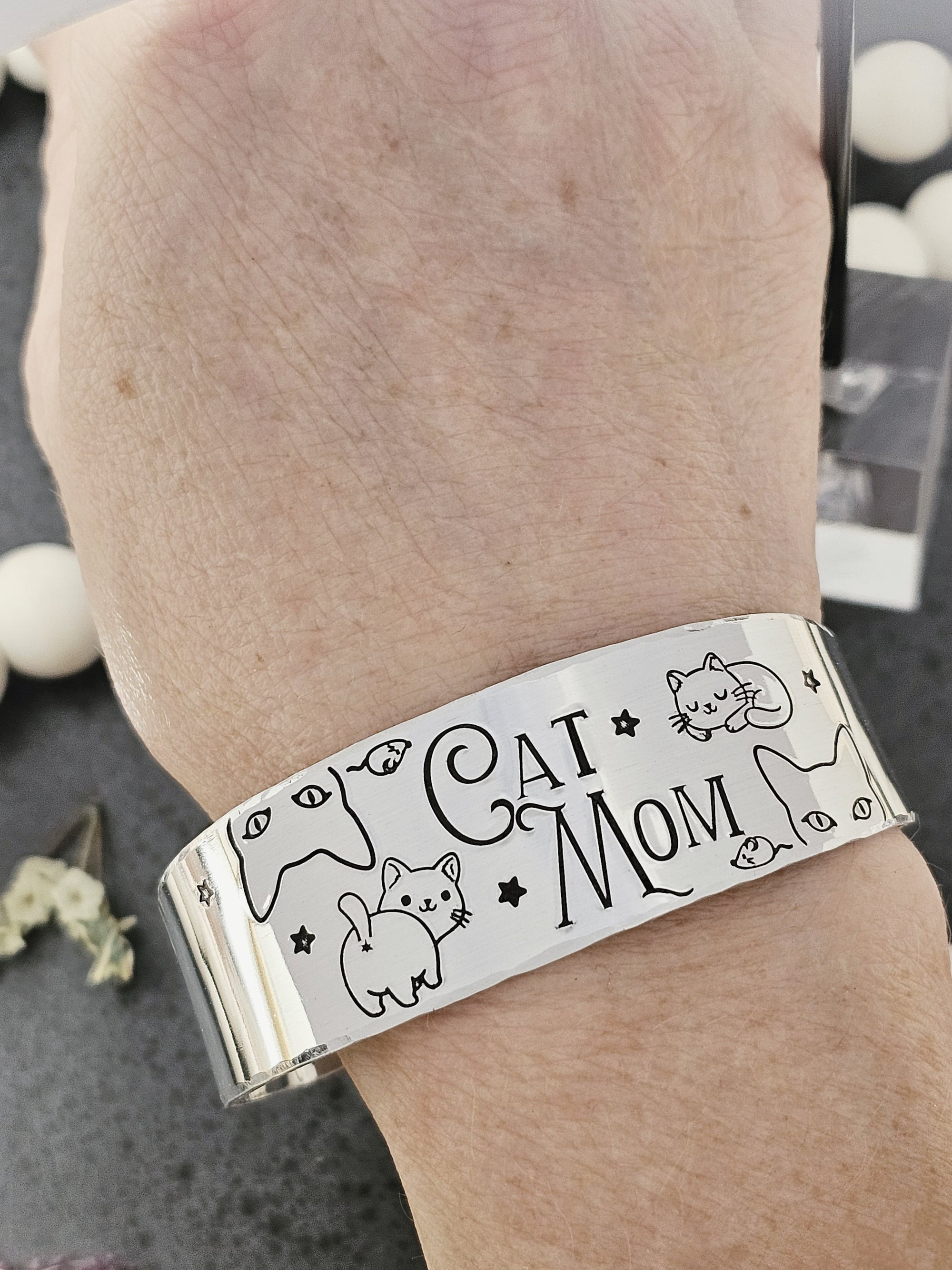 Cat Mom Bracelet Cuff, Crazy Cat Lady, Cat Lover Jewelry, Cat Rescue, Kitty Tag, Cat Name Tag, Thick Bracelet Cuff