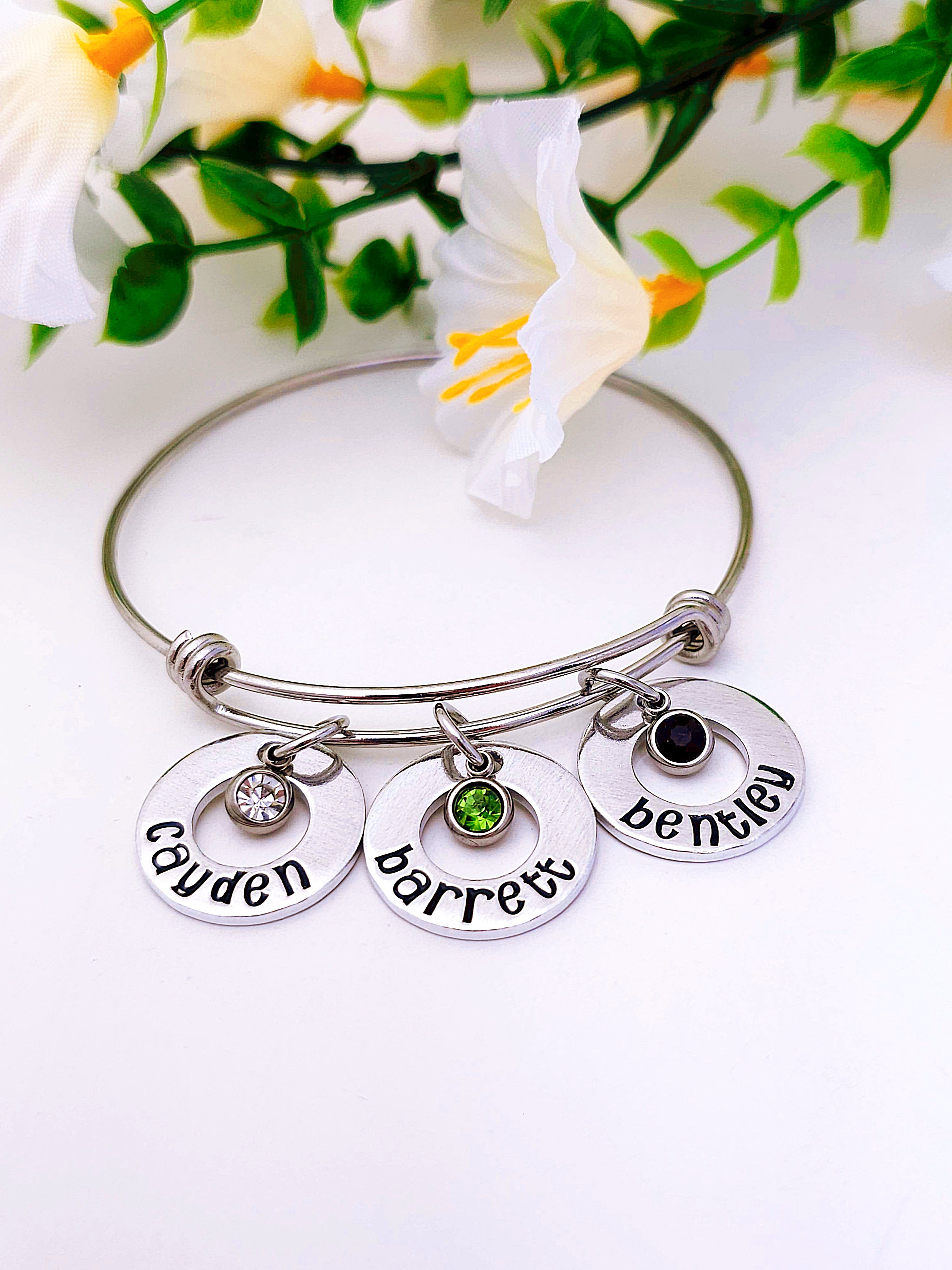 Custom Washer Mother's Bracelet, Grandmother's Bracelet, Birthstone Bracelet, Bangle Bracelet