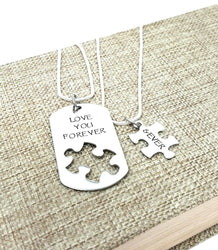Love You Forever & Ever Necklace Set, Puzzle Piece, Dog Tag Necklace, Puzzle Jewelry, Forever and, Necklaces, HandmadeLoveStories, HandmadeLoveStories , [Handmade_Love_Stories], [Hand_Stamped_Jewelry], [Etsy_Stamped_Jewelry], [Etsy_Jewelry]