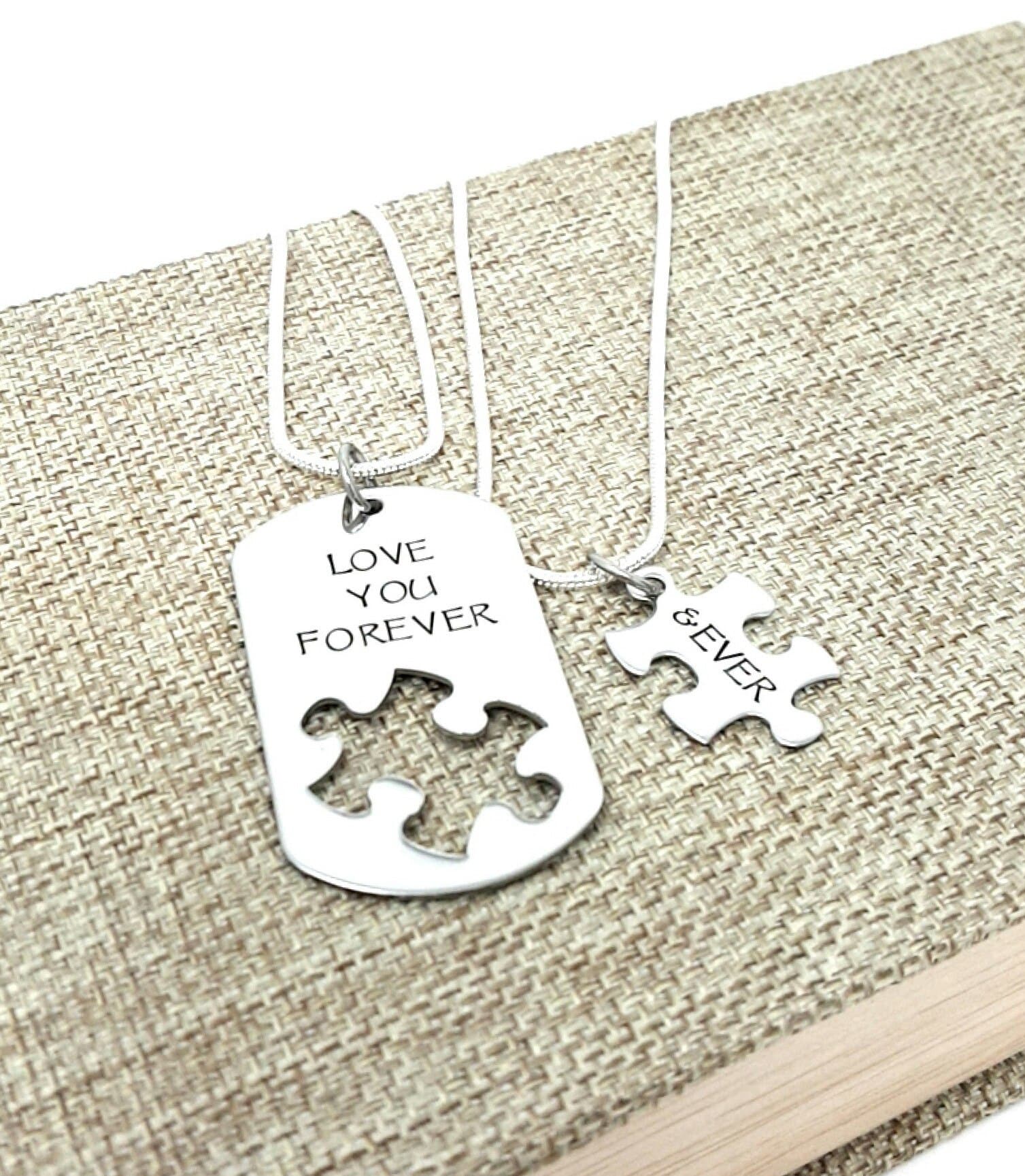 I Love You More Necklace Set, Puzzle Piece, Dog Tag Necklace, Boyfriend Gift, Forever and Ever, Necklaces, HandmadeLoveStories, HandmadeLoveStories , [Handmade_Love_Stories], [Hand_Stamped_Jewelry], [Etsy_Stamped_Jewelry], [Etsy_Jewelry]