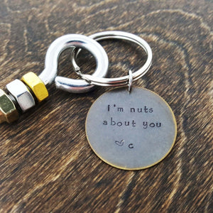 I'm Nuts About You, Husband Gift, Boyfriend Gift, Keychain Gift, Nuts and Bolts, Handstamped Mens, Keychains, HandmadeLoveStories, HandmadeLoveStories , [Handmade_Love_Stories], [Hand_Stamped_Jewelry], [Etsy_Stamped_Jewelry], [Etsy_Jewelry]