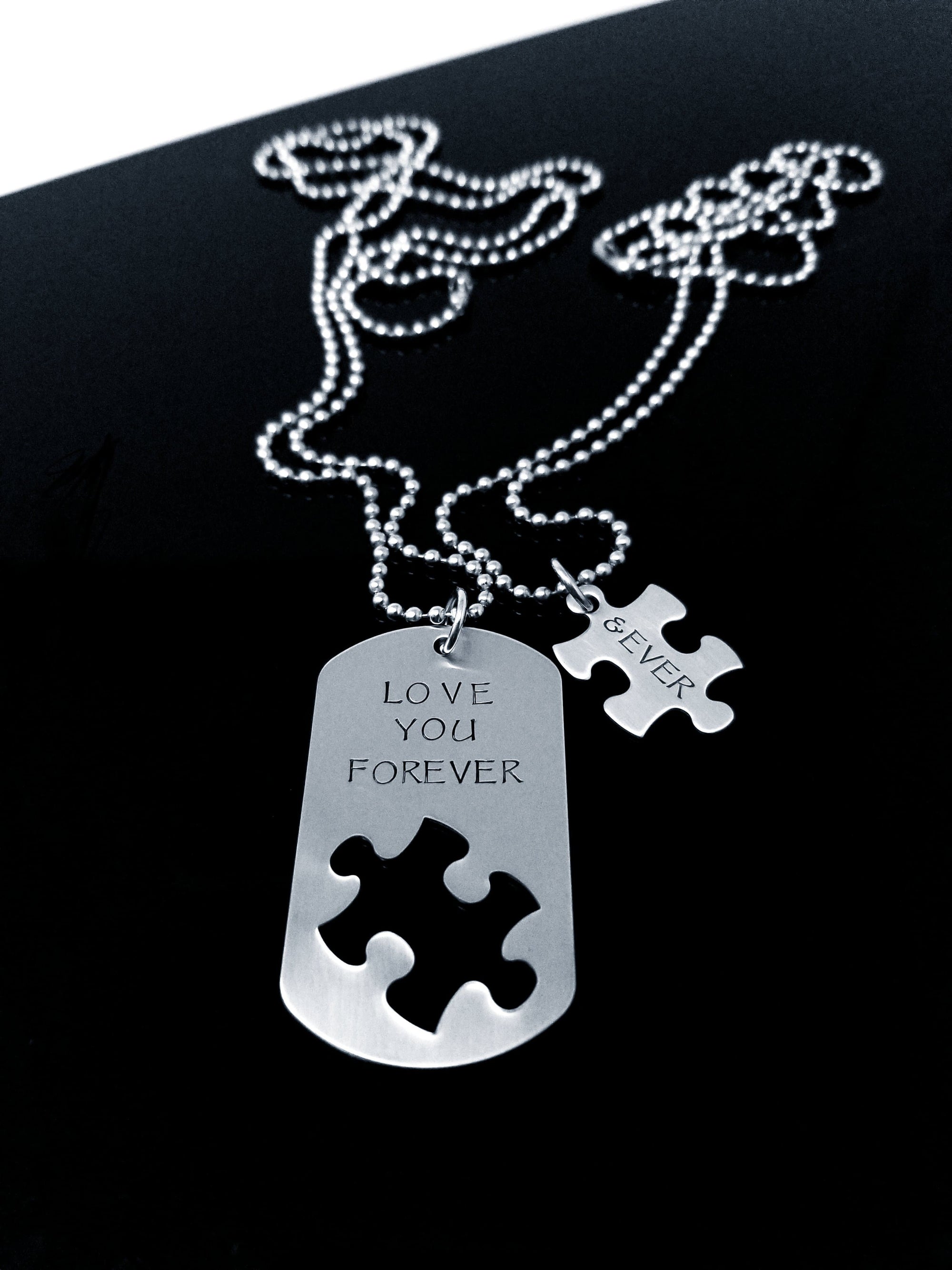 I Love You Forever & Ever Necklace Set, Puzzle Piece, Dog Tag Necklace, Boyfriend Gift, Forever, Necklaces, HandmadeLoveStories, HandmadeLoveStories , [Handmade_Love_Stories], [Hand_Stamped_Jewelry], [Etsy_Stamped_Jewelry], [Etsy_Jewelry]