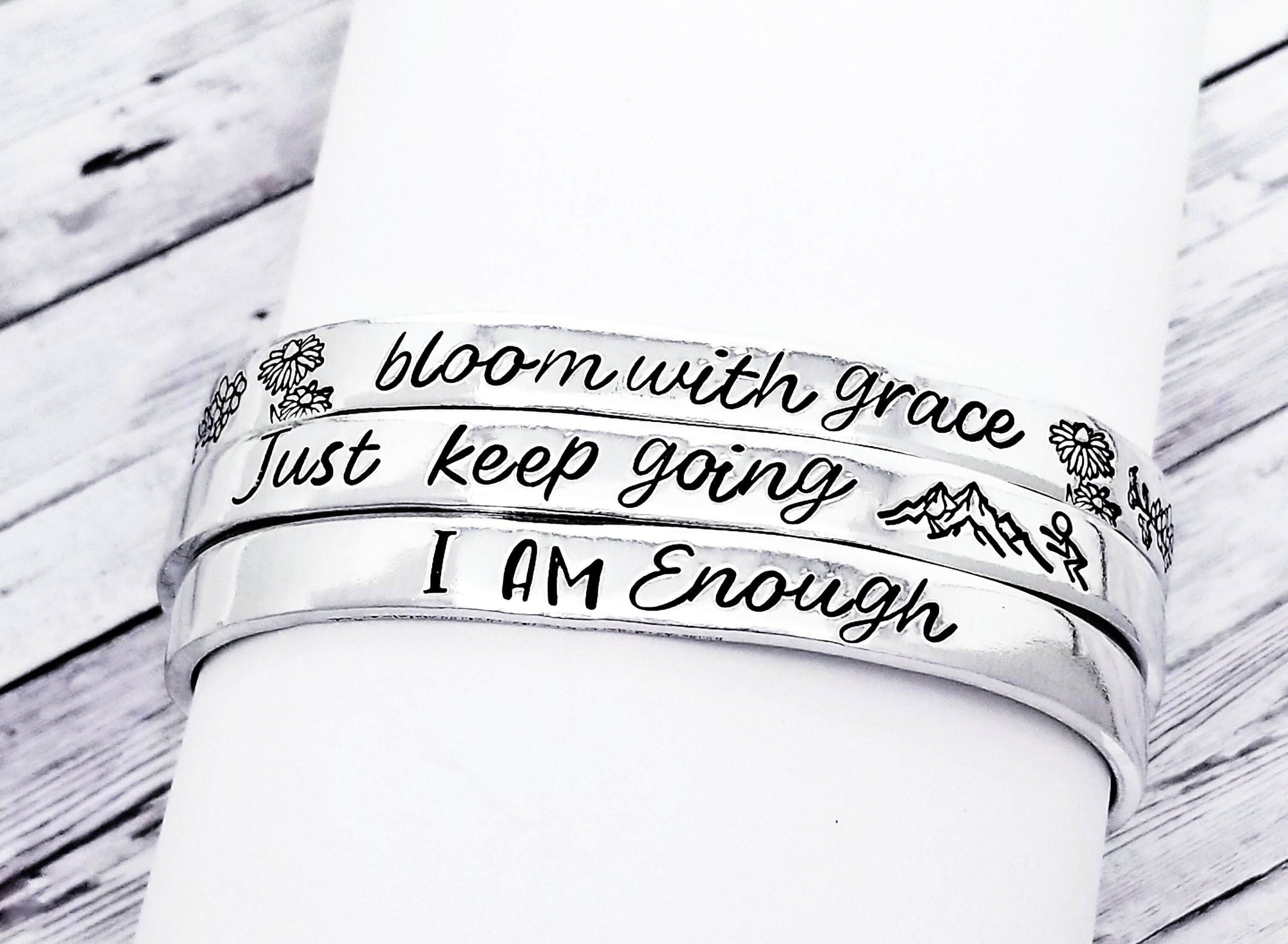 Bloom with Grace Inspirational bracelet, Hammered Silver Bracelet, Custom Cuff Bracelet, Silver Cuff Bracelet, I Am Enough Bracelet Cuff, Custom Gift