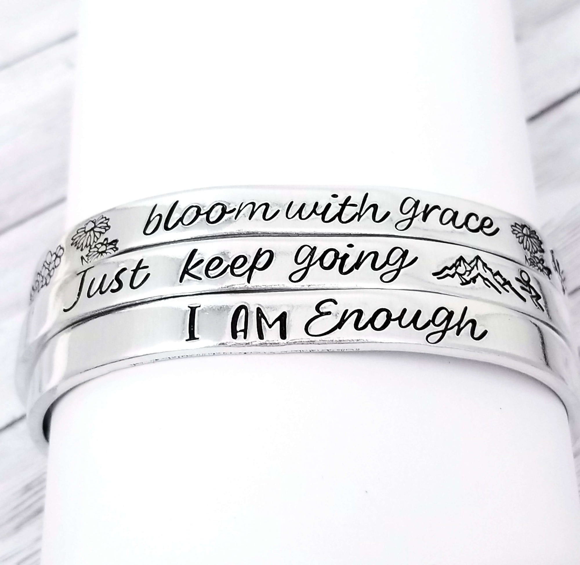 Bloom with Grace Inspirational bracelet, Hammered Silver Bracelet, Custom Cuff Bracelet, Silver Cuff Bracelet, I Am Enough Bracelet Cuff, Custom Gift