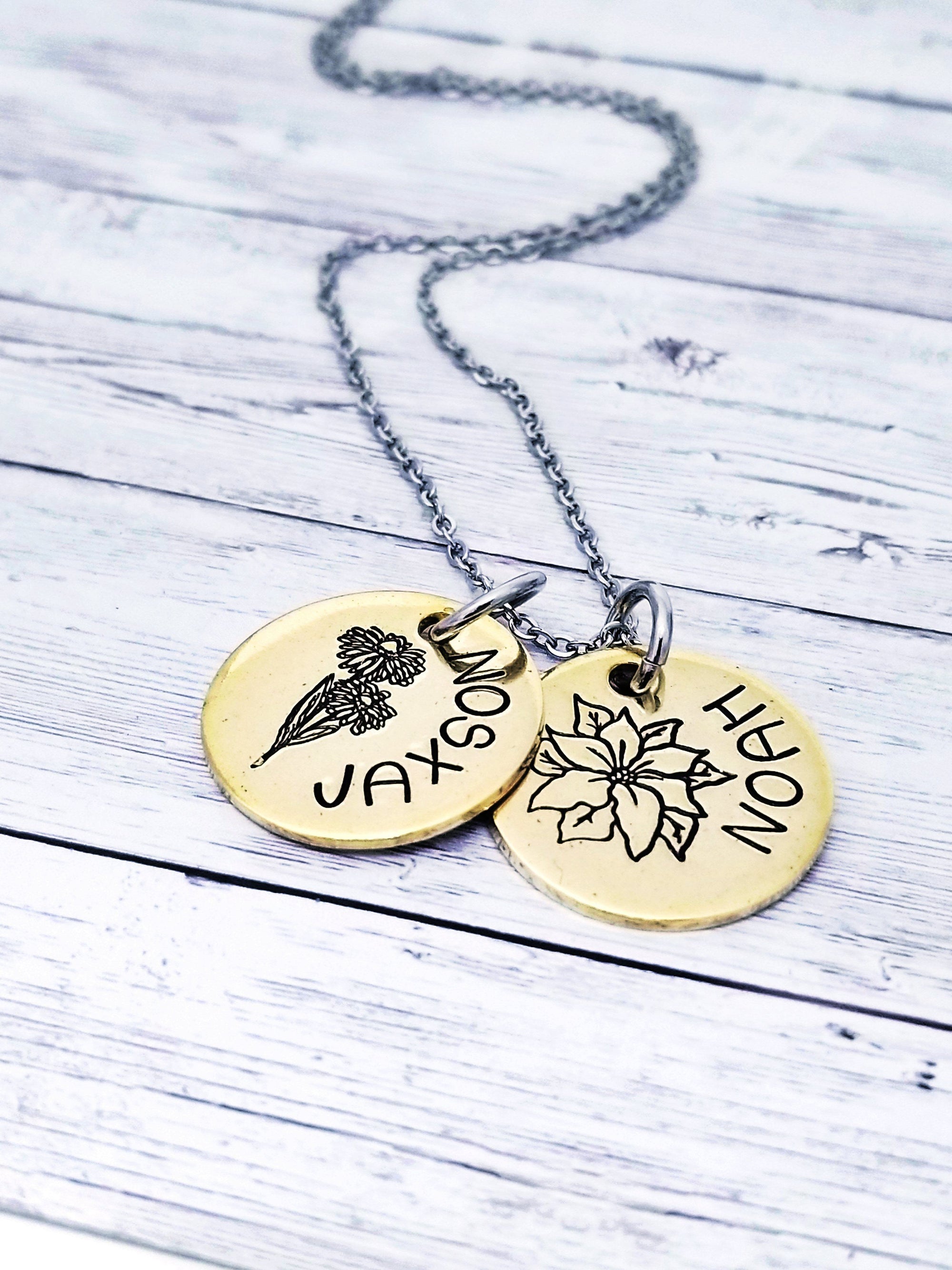 NuGold Mother's Necklace, Flower Birth Month Necklace, Floral Name Necklace, Kids Names, Red Brass necklace