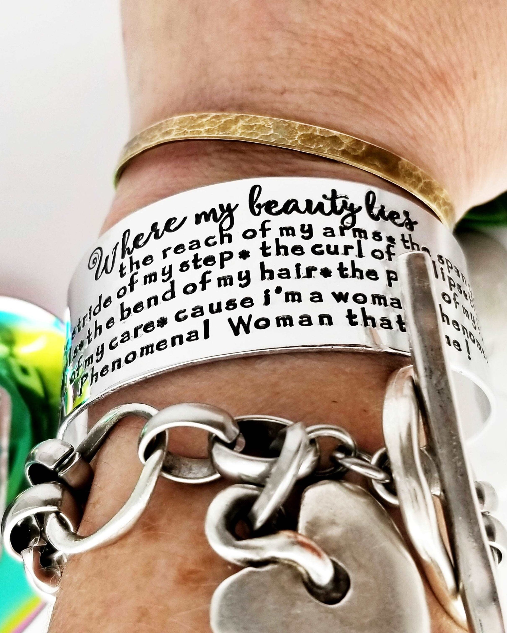 Inspirational Bracelet Cuff, I Am Woman, Phenomenal Woman, Maya Angelo Gift, Custom Cuff Bracelet, Personalize Jewelry, Silver Cuff Bracelet