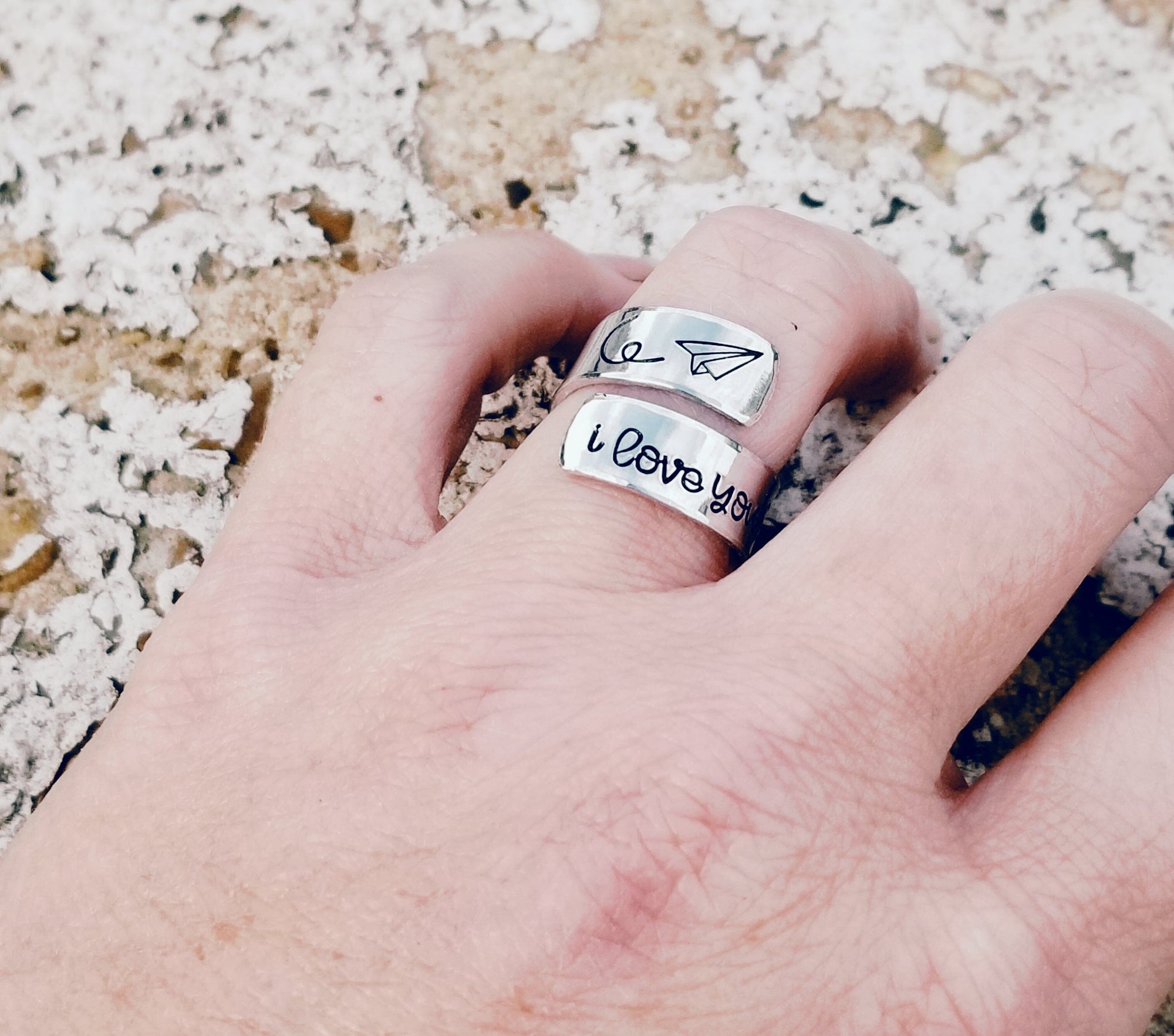 Paper Airplane Wrapped Ring, Personalize Jewelry, Stamped Ring, Silver Personalize Ring, Custom rings, Long Distance gift, Anniversary Gift