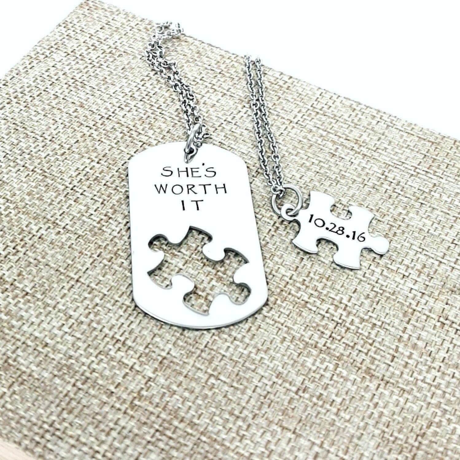 She's Worth It, Couple Necklace Set, Puzzle Piece, Dog Tag Necklace, Puzzle Jewelry, Forever and, Necklaces, HandmadeLoveStories, HandmadeLoveStories , [Handmade_Love_Stories], [Hand_Stamped_Jewelry], [Etsy_Stamped_Jewelry], [Etsy_Jewelry]