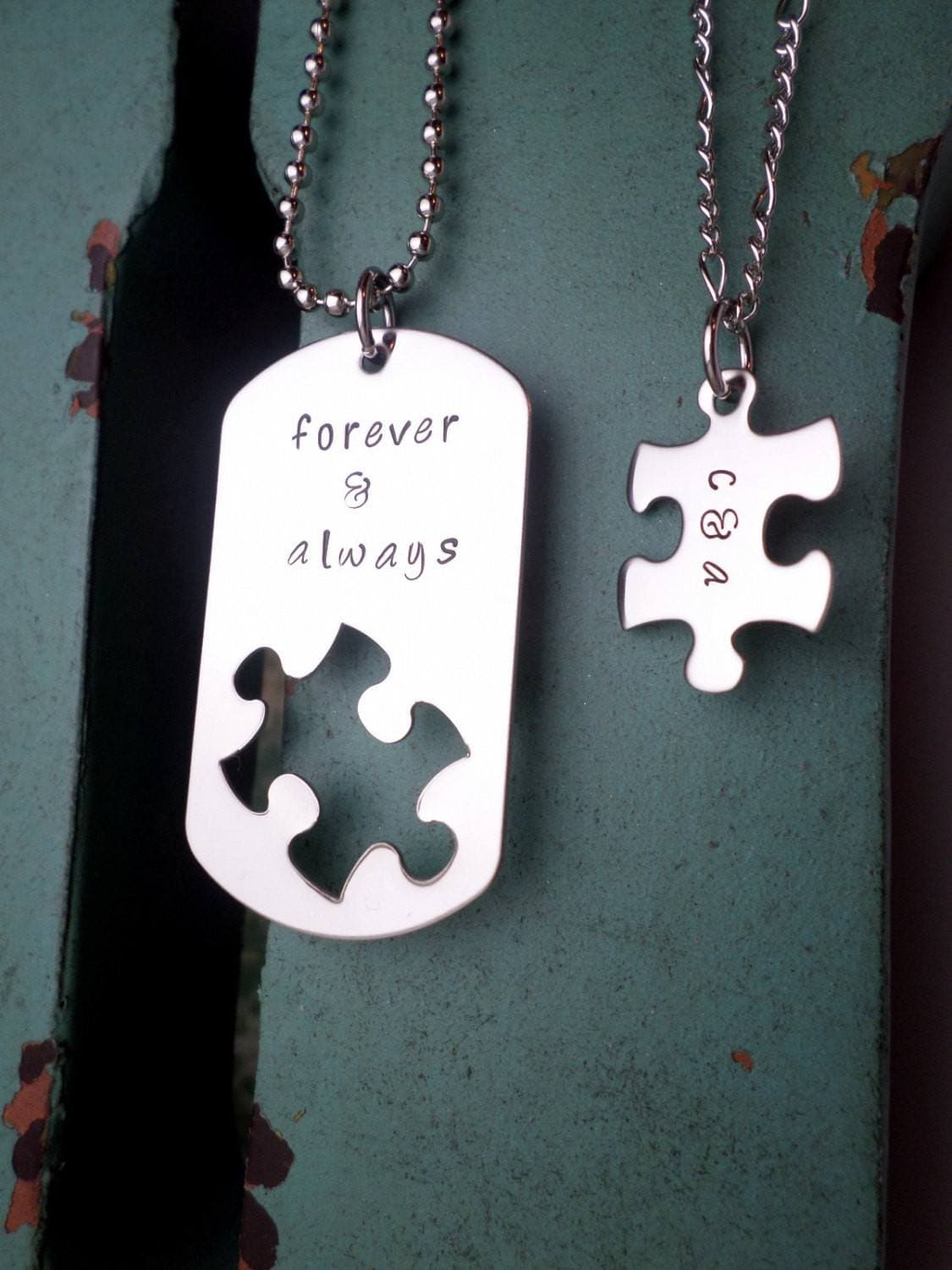 Forever and Always , Forever Love, Necklace Set, Puzzle Piece, Dog Tag Necklace, Puzzle Jewelry,, Necklaces, HandmadeLoveStories, HandmadeLoveStories , [Handmade_Love_Stories], [Hand_Stamped_Jewelry], [Etsy_Stamped_Jewelry], [Etsy_Jewelry]
