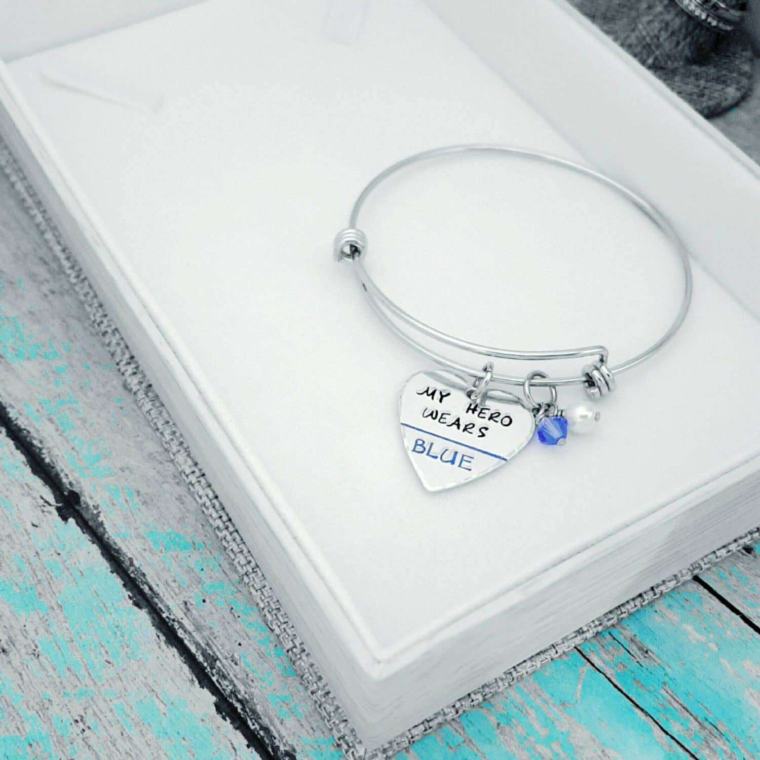 Police Wife Bracelet, Thin Blue Line, Police Officer Bracelet, Bangle Bracelet, Back the Blue, Bracelets, HandmadeLoveStories, HandmadeLoveStories , [Handmade_Love_Stories], [Hand_Stamped_Jewelry], [Etsy_Stamped_Jewelry], [Etsy_Jewelry]