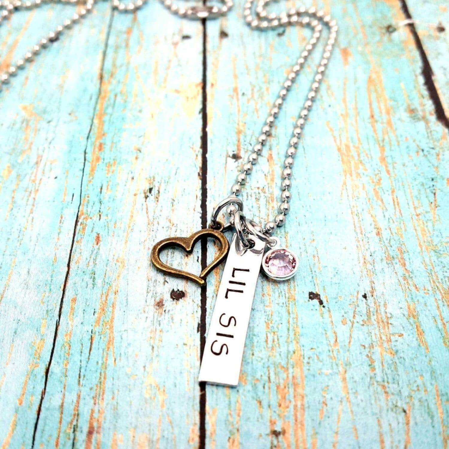 Lil Sis Charm Necklace, Little Sister Gift, Birthstone Necklace, Gift for sister, Younger Sister, Necklaces, HandmadeLoveStories, HandmadeLoveStories , [Handmade_Love_Stories], [Hand_Stamped_Jewelry], [Etsy_Stamped_Jewelry], [Etsy_Jewelry]