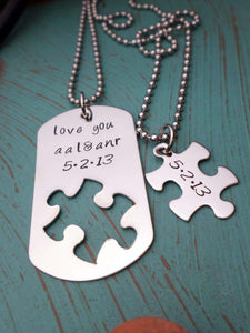Love You Necklace Set, Puzzle Piece, Dog Tag Necklace, Puzzle Jewelry, Forever and Ever, Matching, Necklaces, HandmadeLoveStories, HandmadeLoveStories , [Handmade_Love_Stories], [Hand_Stamped_Jewelry], [Etsy_Stamped_Jewelry], [Etsy_Jewelry]