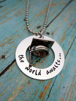 Graduation Gift, The World Awaits, Graduation Necklace, Class of 2014, High School Grad, College, Necklaces, HandmadeLoveStories, HandmadeLoveStories , [Handmade_Love_Stories], [Hand_Stamped_Jewelry], [Etsy_Stamped_Jewelry], [Etsy_Jewelry]