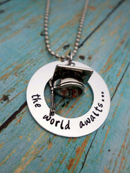 Graduation Gift, The World Awaits, Graduation Necklace, Class of 2014, High School Grad, College, Necklaces, HandmadeLoveStories, HandmadeLoveStories , [Handmade_Love_Stories], [Hand_Stamped_Jewelry], [Etsy_Stamped_Jewelry], [Etsy_Jewelry]