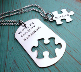 My Beginning and my End Necklace Set, Puzzle Piece, Dog Tag Necklace, Boyfriend Gift, Forever and, Necklaces, HandmadeLoveStories, HandmadeLoveStories , [Handmade_Love_Stories], [Hand_Stamped_Jewelry], [Etsy_Stamped_Jewelry], [Etsy_Jewelry]