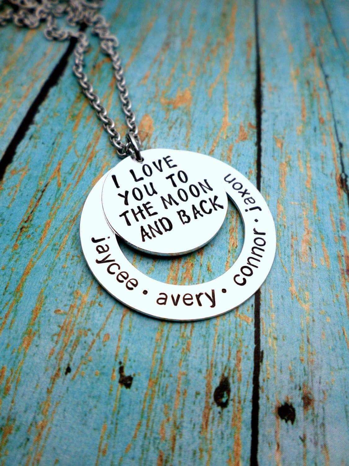To The Moon and Back, Mother's Necklace, Childrens Names, Mothers Jewelry, Mother's Love, Mothers, Necklaces, HandmadeLoveStories, HandmadeLoveStories , [Handmade_Love_Stories], [Hand_Stamped_Jewelry], [Etsy_Stamped_Jewelry], [Etsy_Jewelry]