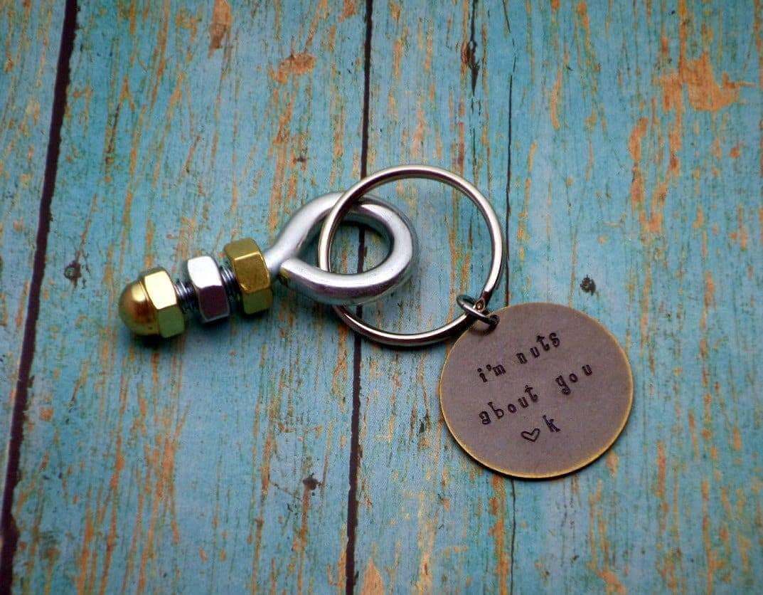 I'm Nuts About You, Husband Gift, Boyfriend Gift, Keychain Gift, Nuts and Bolts, Handstamped Mens, Keychains, HandmadeLoveStories, HandmadeLoveStories , [Handmade_Love_Stories], [Hand_Stamped_Jewelry], [Etsy_Stamped_Jewelry], [Etsy_Jewelry]